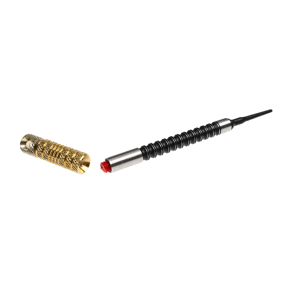 McDart Shaftrestentferner Das Bild zeigt das Produkt "McDart Shaftrestentferner". Es besteht aus zwei Teilen: einem goldfarbenen Metallteil und einem schwarzen Werkzeug mit Spiralmuster.