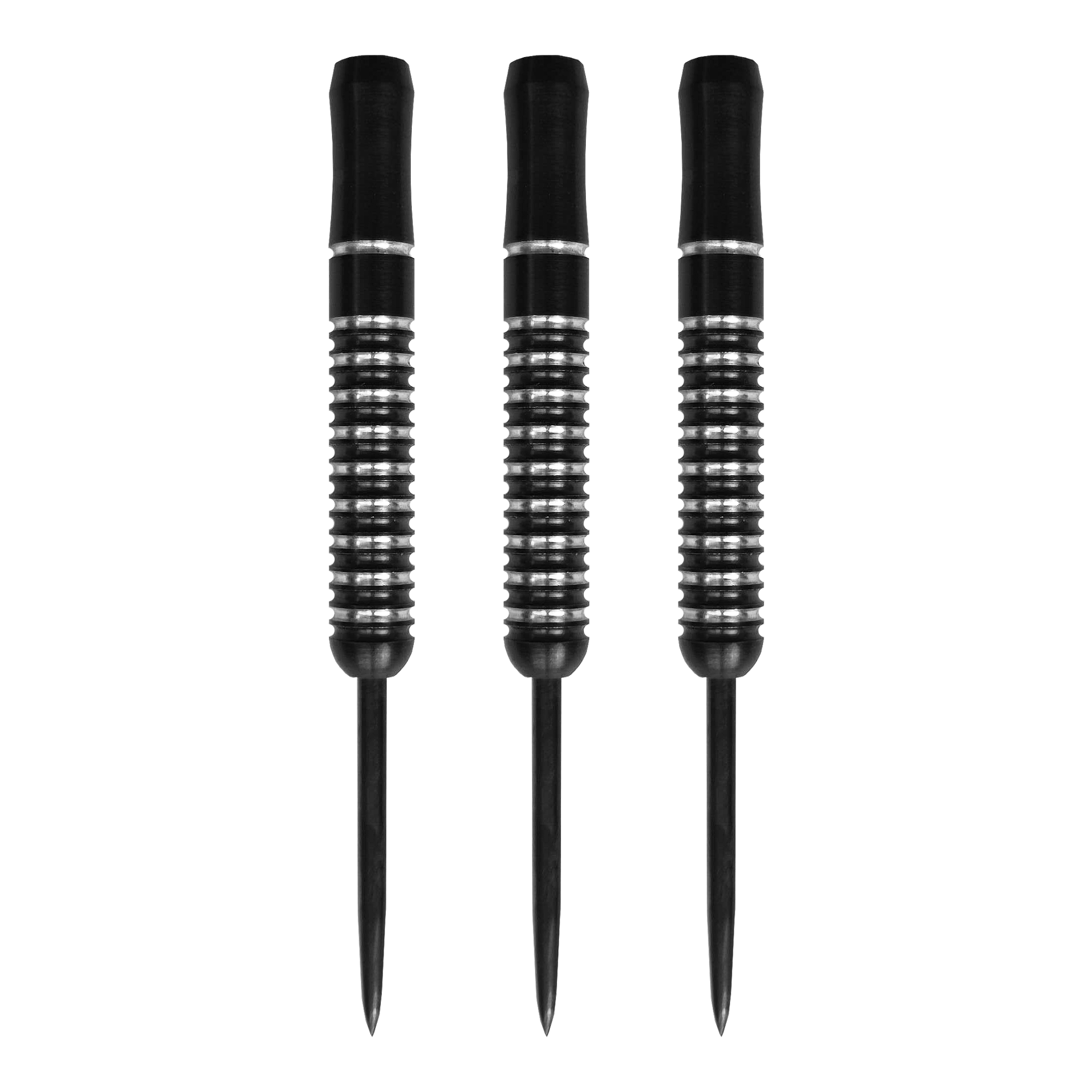 Flèches McDart Void Steeldart Barrels - 23 g Auf dem Bild sind drei McDart Void Steeldart Barrels mit einem Gewicht von 23g zu sehen. Die Darts sind schwarz mit silbernen Rillen und haben eine schlichte, moderne Optik.