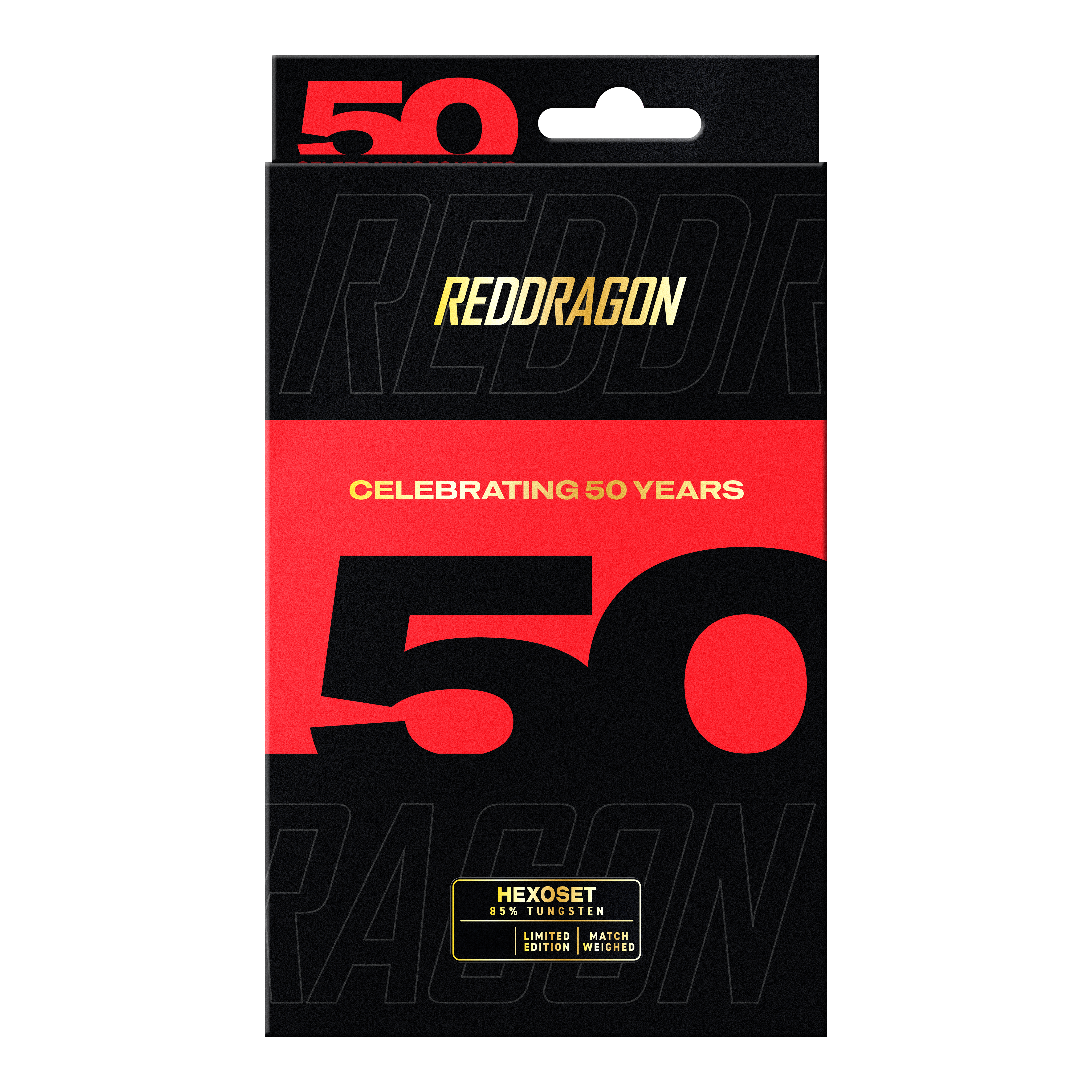 Das Bild zeigt die Red Dragon 50 Year Collection Hexoset 3 Steeldarts - 25g. Diese Darts sind eine limitierte Edition zum 50-jährigen Jubiläum.