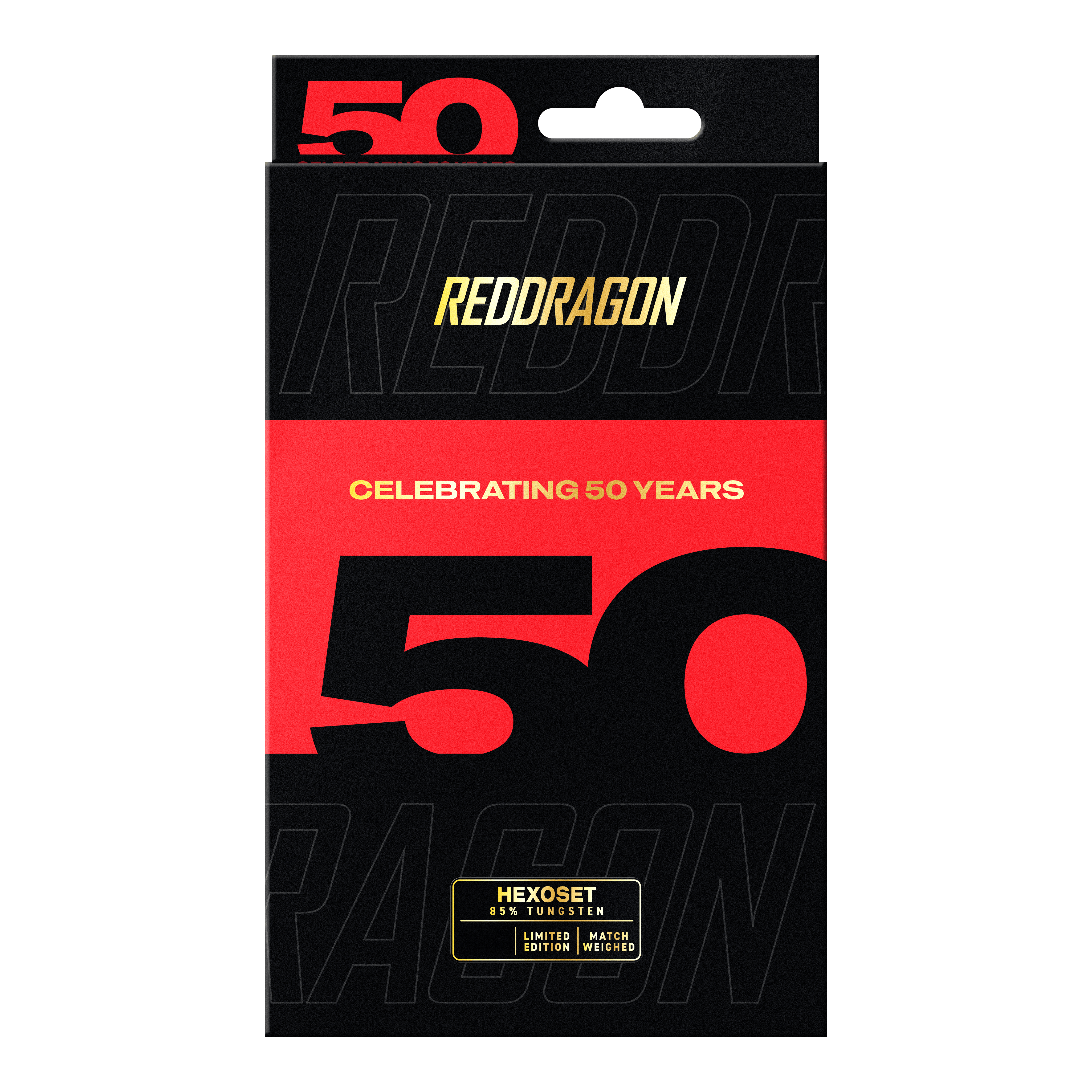 Coffret de 3 fléchettes en acier Hexose de la collection Red Dragon 50 ans - 25 g Das Bild zeigt die Red Dragon 50 Year Collection Hexoset 3 Steeldarts - 25g. Diese Darts sind eine limitierte Edition zum 50-jährigen Jubiläum.