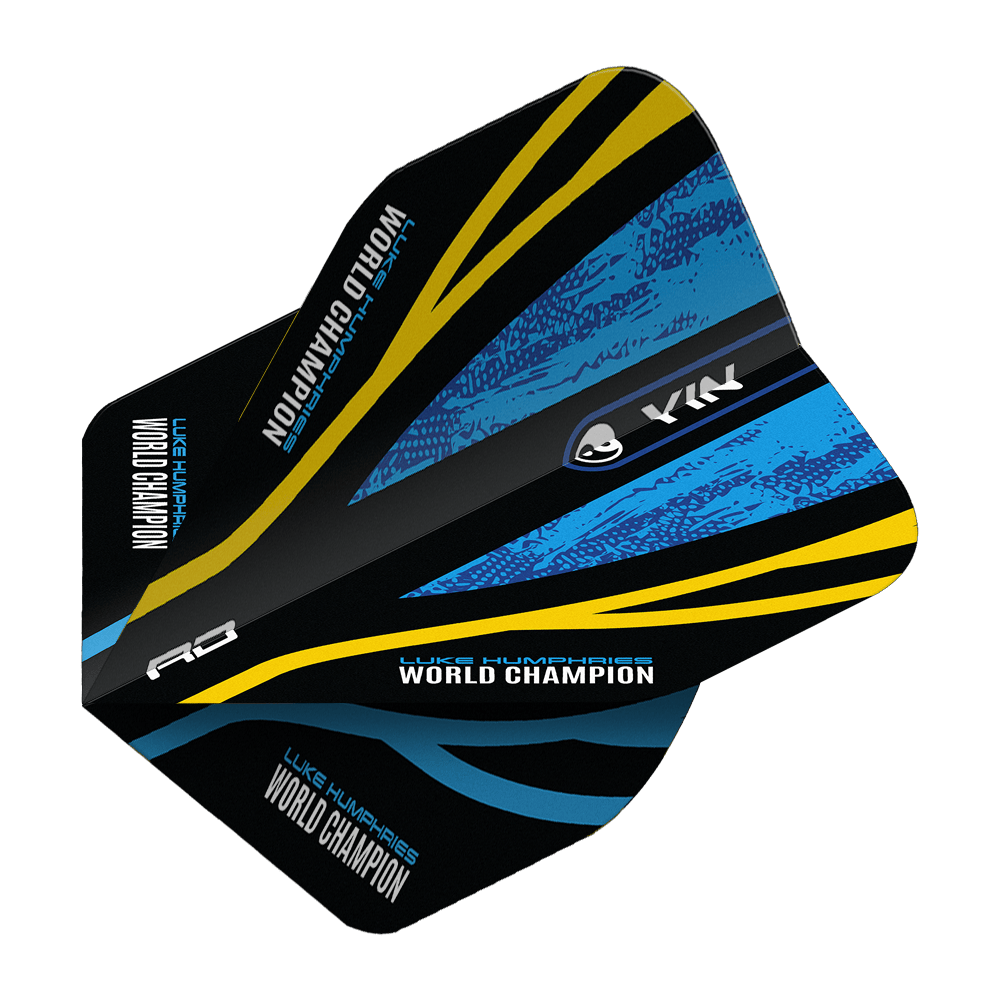 Red Dragon Luke Humphries Champion du monde Blue Gold Yin Yang Vols standards Das Bild zeigt das Produkt "Red Dragon Luke Humphries World Champion Blue Gold Yin Yang Standard Flights". Das Design ist schwarz mit blauen und goldenen Akzenten sowie der Aufschrift "WORLD CHAMPION".