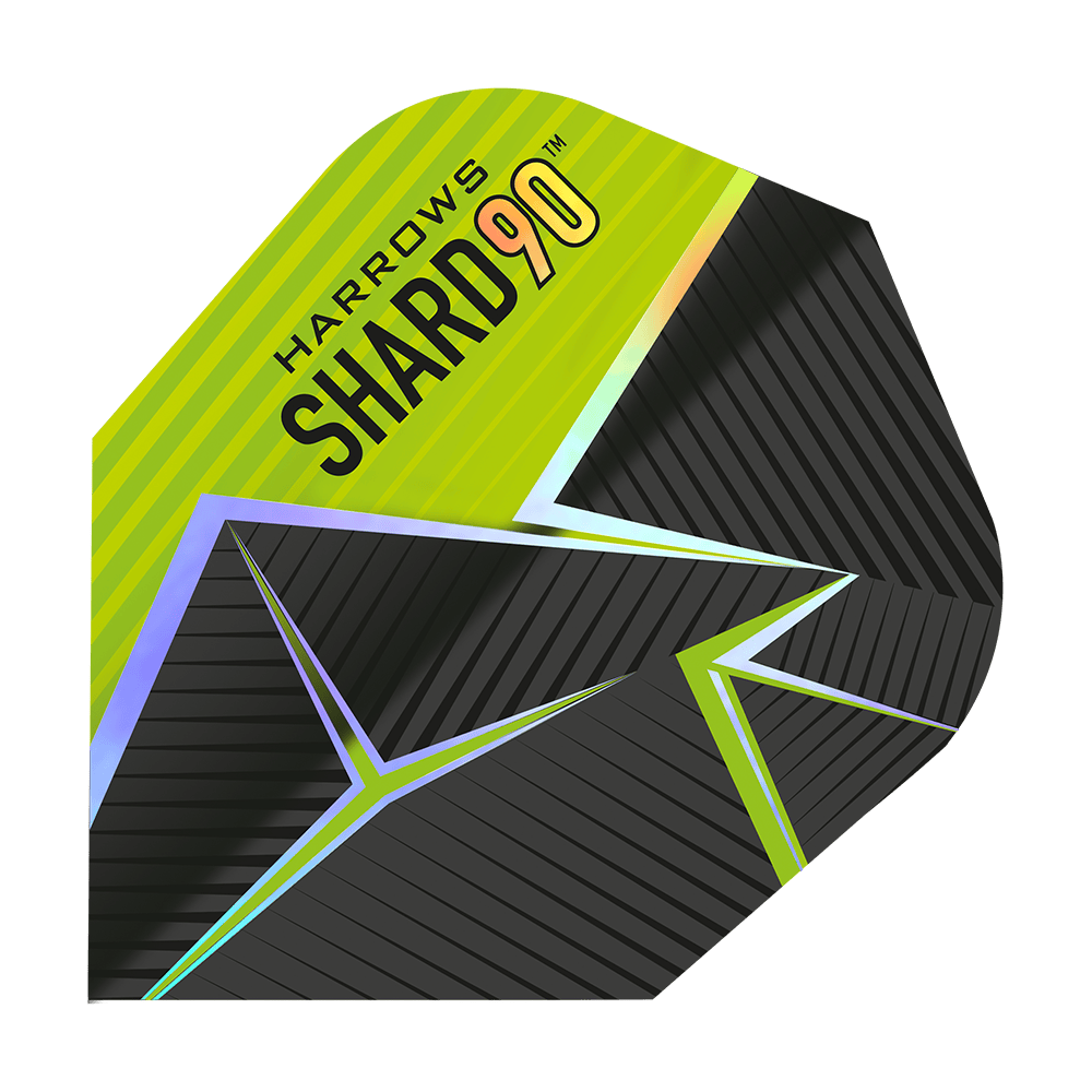 Vols n° 6 de Harrows Prime Shard Das Bild zeigt ein Dart-Flight mit dem Namen „Harrows Prime Shard No6“. Das Design ist schwarz und gelb mit geometrischen Linien und dem Aufdruck „SHARD 90“.