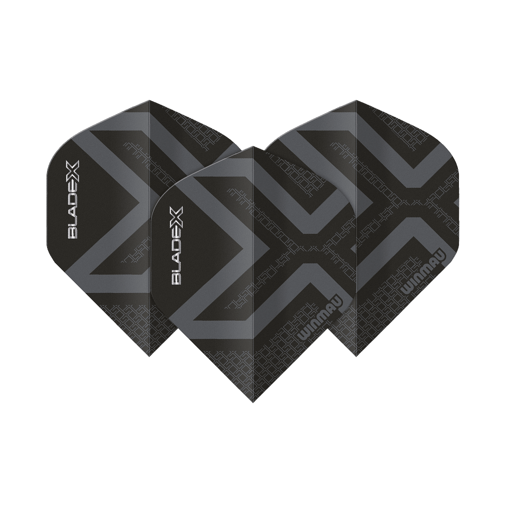 Ailettes standard Winmau Prism Delta Blade X Noir Métallisé n° 2 Abgebildet ist ein Winmau Prism Delta Blade X Metallic Black No2 Standard Flight. Das Produkt erscheint in schwarzer Metallic-Farbe.