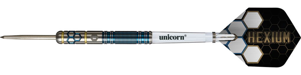 Fléchettes en acier Unicorn Hexium Style 02 bleues et dorées