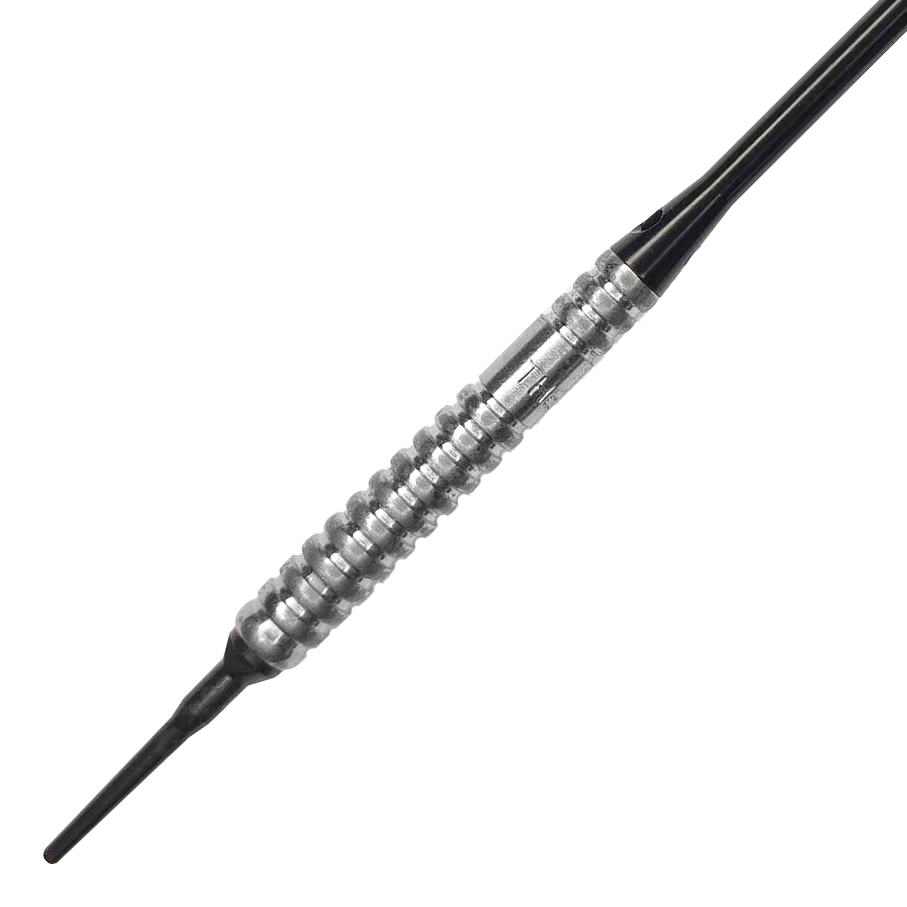 Fléchettes souples McDart 85 Tungstène V20 - 17 g Auf dem Bild ist ein McDart 85er Tungsten V20 Softdart mit einem Gewicht von 17g zu sehen. Der Dartpfeil hat eine silberne, geriffelte Griffzone und eine schwarze Spitze.