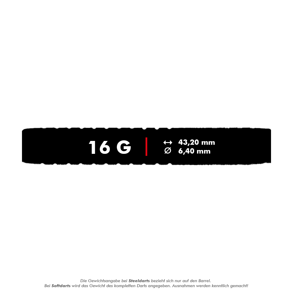 Fléchettes souples McDart 85 Tungstène V5 - 16 g Das Bild zeigt die Produktinformationen der "McDart 85er Tungsten V5 Softdarts - 16g". Die Darts wiegen 16 Gramm, sind 43,20 mm lang und haben einen Durchmesser von 6,40 mm.