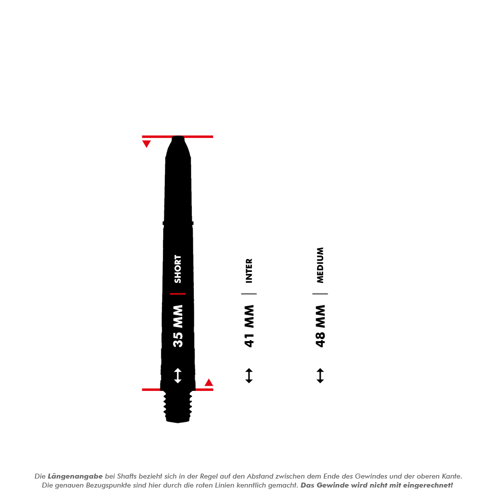 7020_Winmau_Prism_Force_Shafts_5_35mmoBxspr1z3ZHxZ Das Bild zeigt verschiedene Längenangaben für Dart-Shafts, darunter 35 mm (Short), 41 mm (Inter) und 48 mm (Medium). Die Messung erfolgt vom Ende des Gewindes bis zur oberen Kante, das Gewinde wird dabei nicht mitgerechnet.