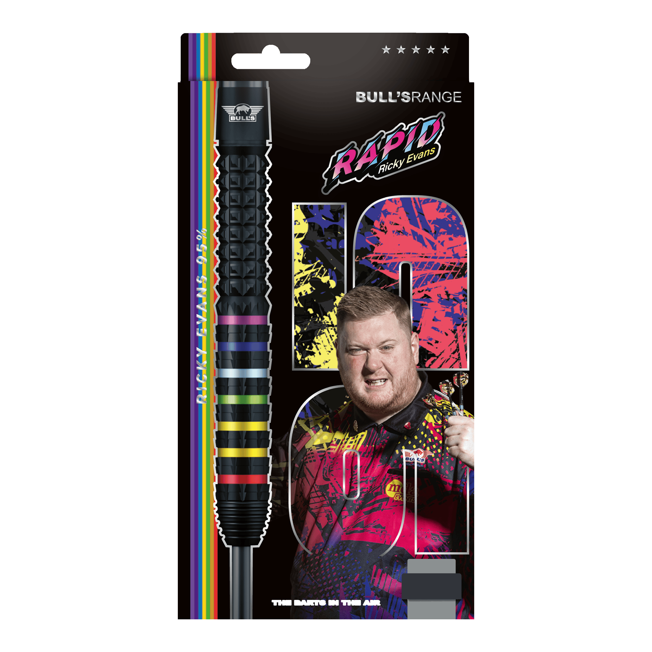 Fléchettes en acier Rapid 95 de Ricky Evans (Bulls NL) Das Foto zeigt die Bulls NL Ricky Evans Rapid 95 Steeldarts in der 23g-Ausführung. Die Darts werden aus einer anderen Perspektive dargestellt.