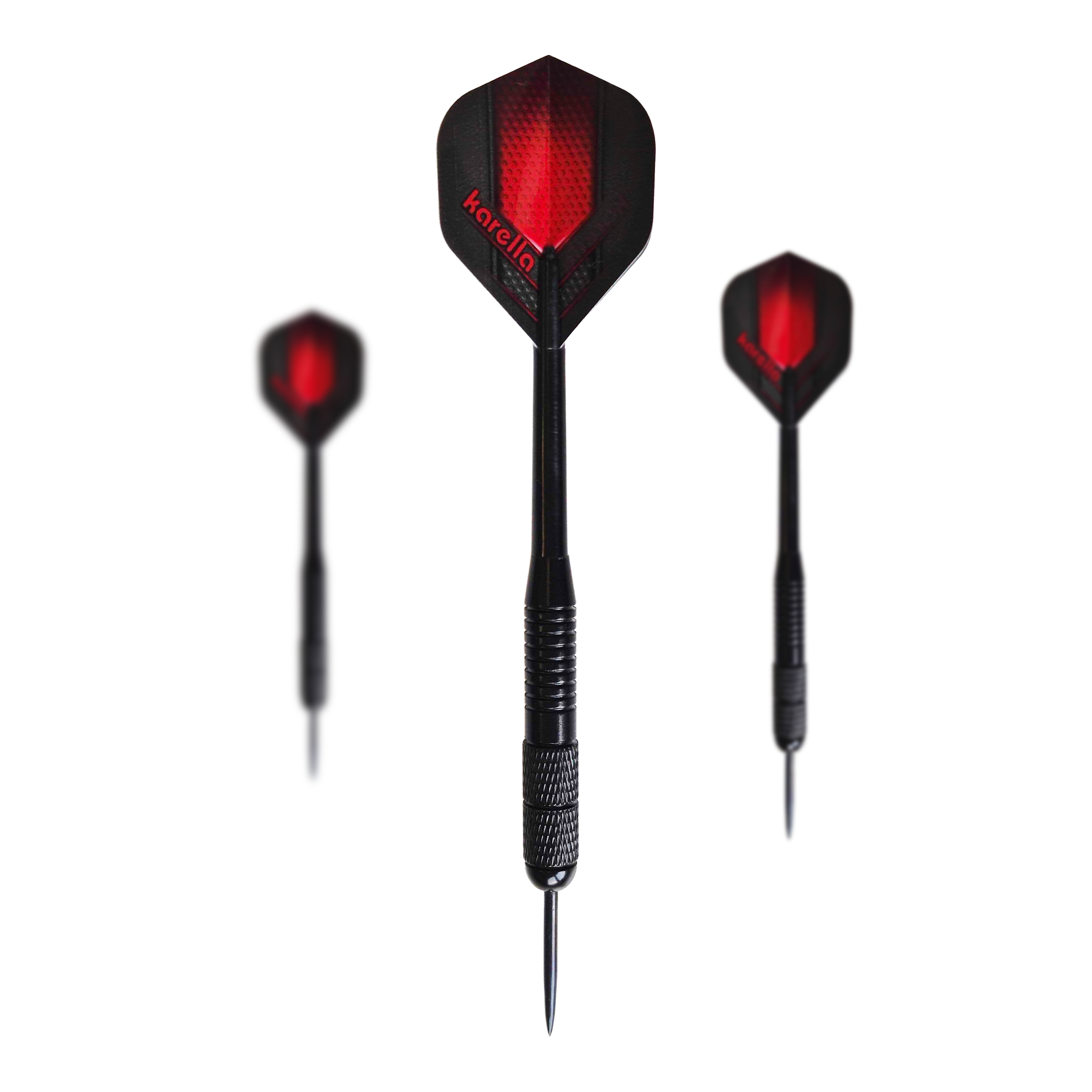 Fléchettes en acier Karella en laiton noir - 21 g Das Bild zeigt die Karella Black Brass Steeldarts mit einem Gewicht von 21g. Es handelt sich um ein Set schwarzer Steeldarts.