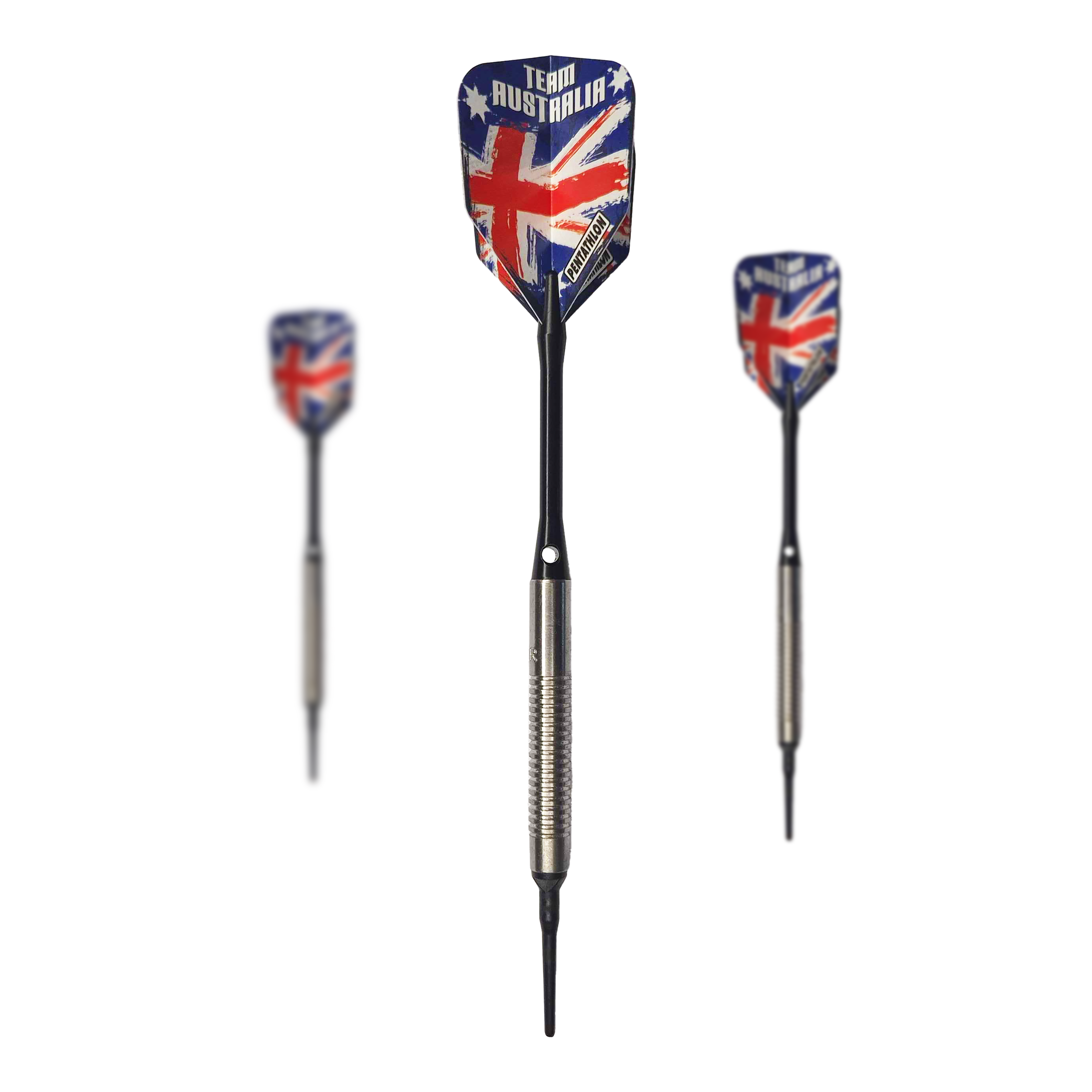 Fléchettes souples McDart 85 Tungstène V8 - 18,5 g Auf dem Bild sind drei Softdarts des Modells "McDart 85er Tungsten V8" mit einem Gewicht von 18,5g zu sehen. Die Flights zeigen das Design der australischen Flagge mit der Aufschrift "Team Australia".