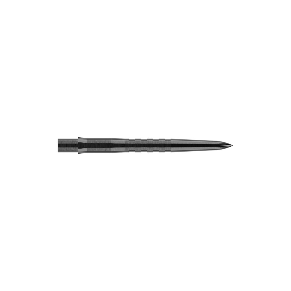 Das Bild zeigt eine schwarze, gerillte Steeldartspitze. Sie ist schmal, lang und hat eine spitze Vorderseite.