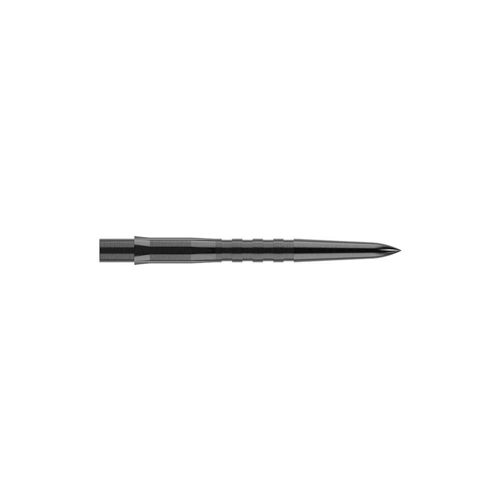 Embouts de fléchettes Mission Caliburn EVO - Rainurés - Noirs Das Bild zeigt eine schwarze, gerillte Steeldartspitze. Sie ist schmal, lang und hat eine spitze Vorderseite.