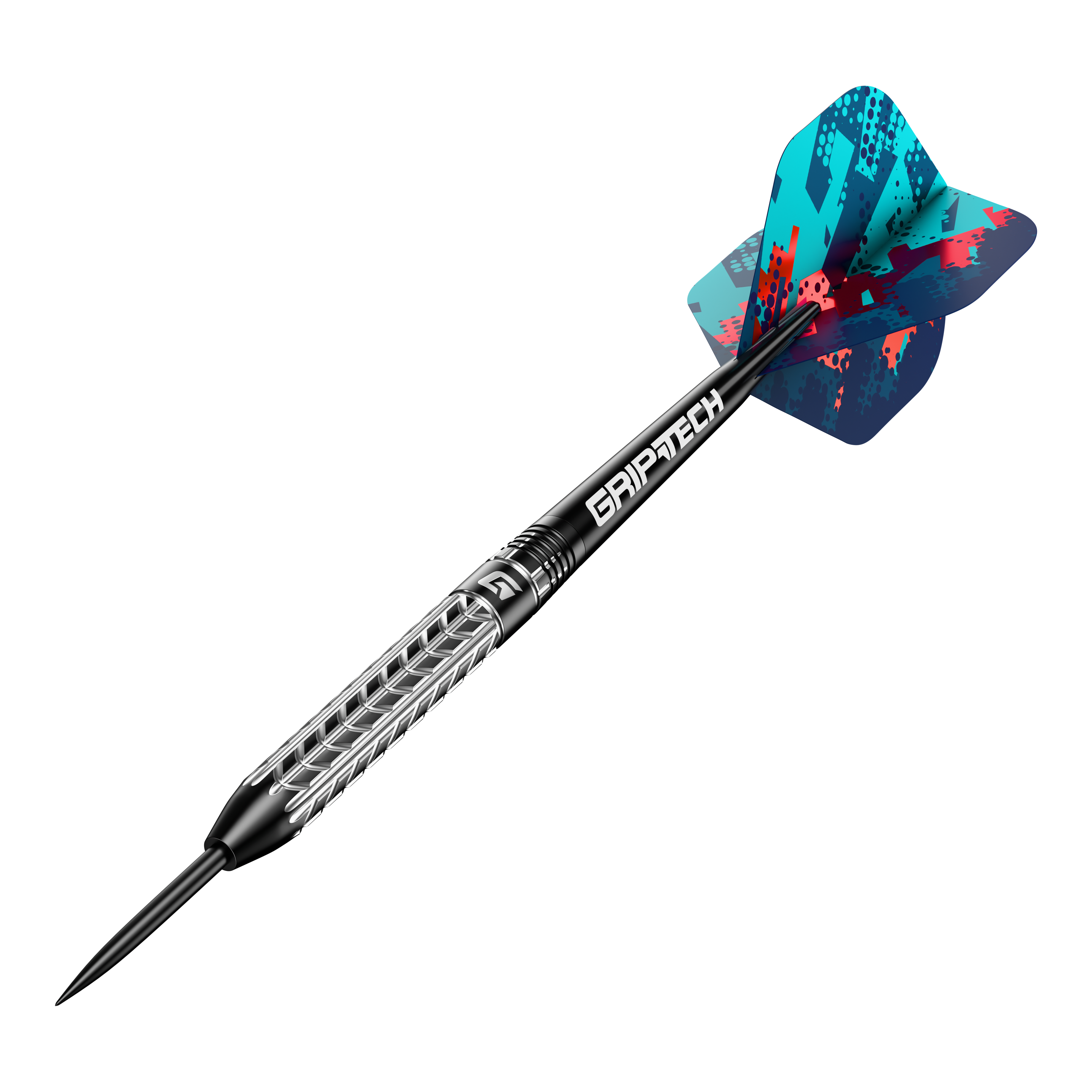Fléchettes GOAT Traction en acier tungstène Das Bild zeigt einen GOAT Traction Tungsten Steeldart mit einer strukturierten Griffoberfläche und einer farbenfrohen Flight. Der Schaft trägt die Aufschrift "GRIPTECH" und die Spitze ist aus Stahl.