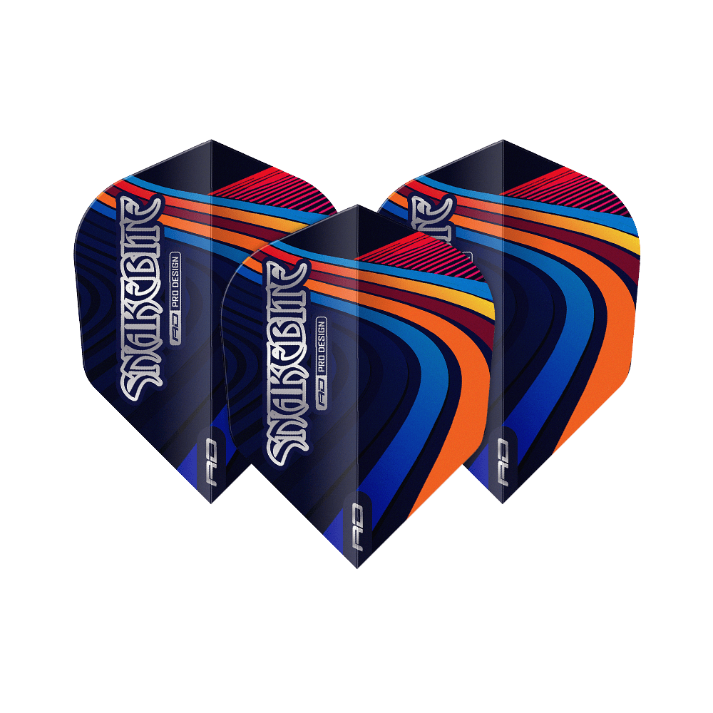 Ailettes Red Dragon Peter Wright Snakebite Multi Swirl No6 Das Bild zeigt drei bunte Dart-Flights mit dem Schriftzug "Snakebite". Die Flights haben ein auffälliges Muster in Blau, Orange, Rot und Gelb.