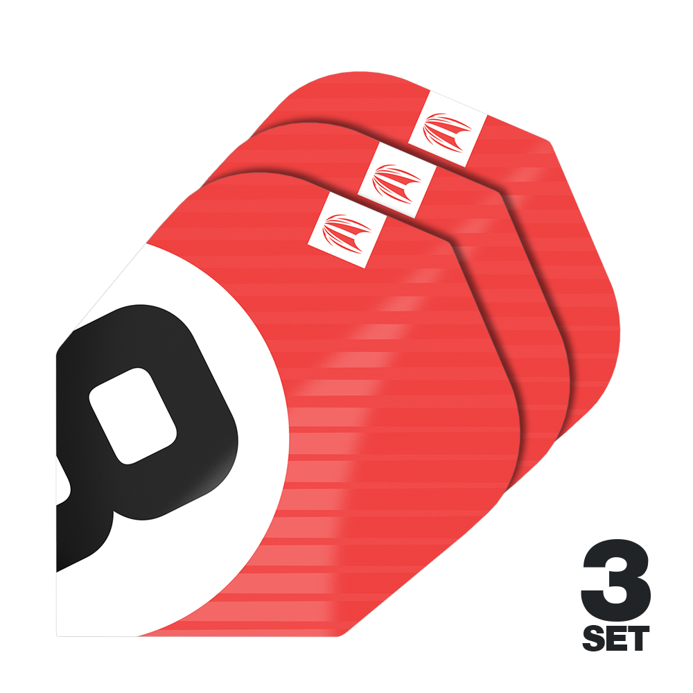 Ailettes Target Pro Ultra Chicane Rouge No6 - 3 Jeux Das Bild zeigt drei Sätze der Target Pro Ultra Chicane Red No6 Flights. Die Flights sind überwiegend rot mit einem schwarzen und weißen Design sowie einem kleinen Logo in der Ecke.