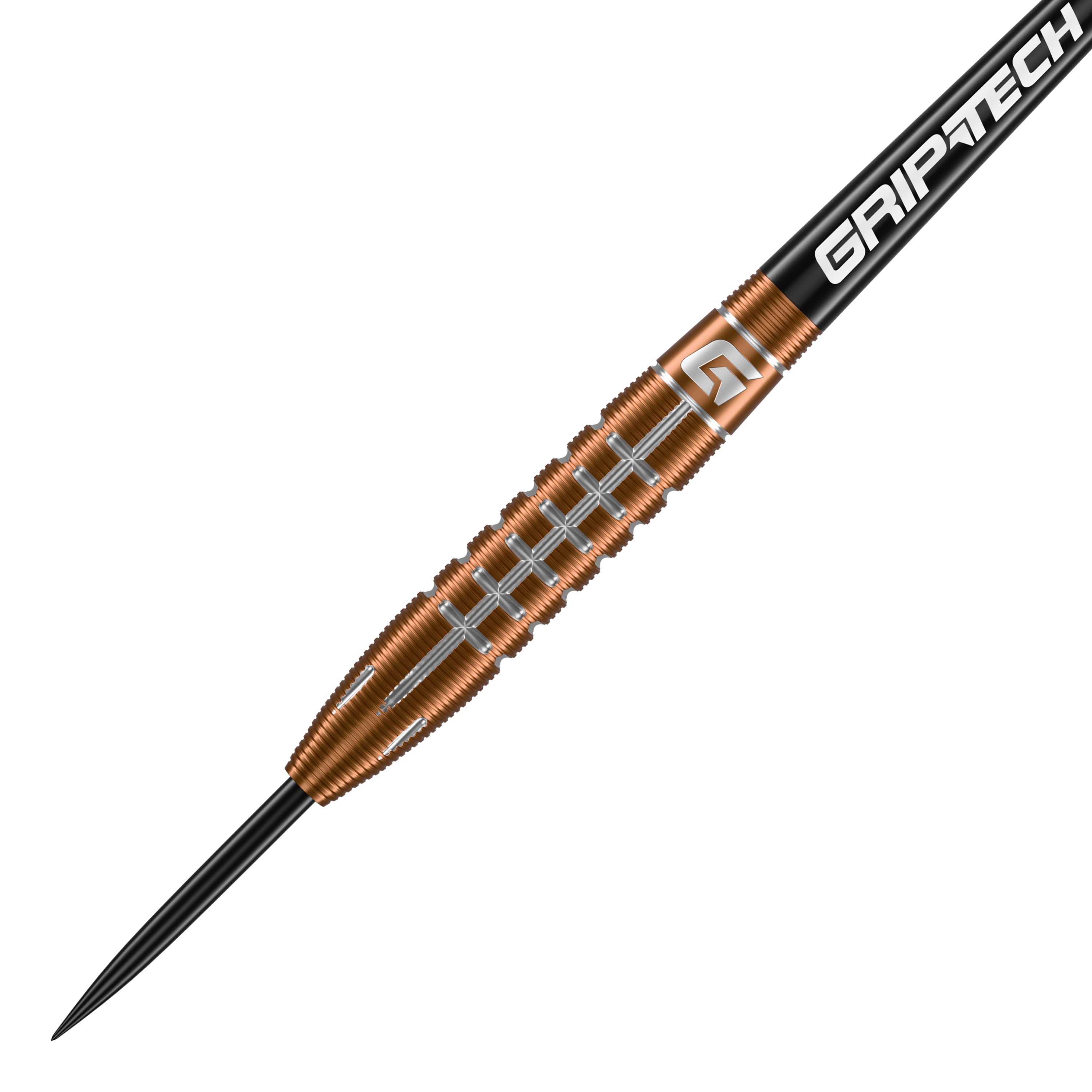Fléchettes GOAT Quarterback V2 en acier tungstène - 24 g Der GOAT Quarterback V2 Tungsten Steeldart wiegt 24 Gramm und hat ein auffälliges, gerilltes Design. Auf dem Schaft steht das Wort "GRIPTECH" geschrieben.