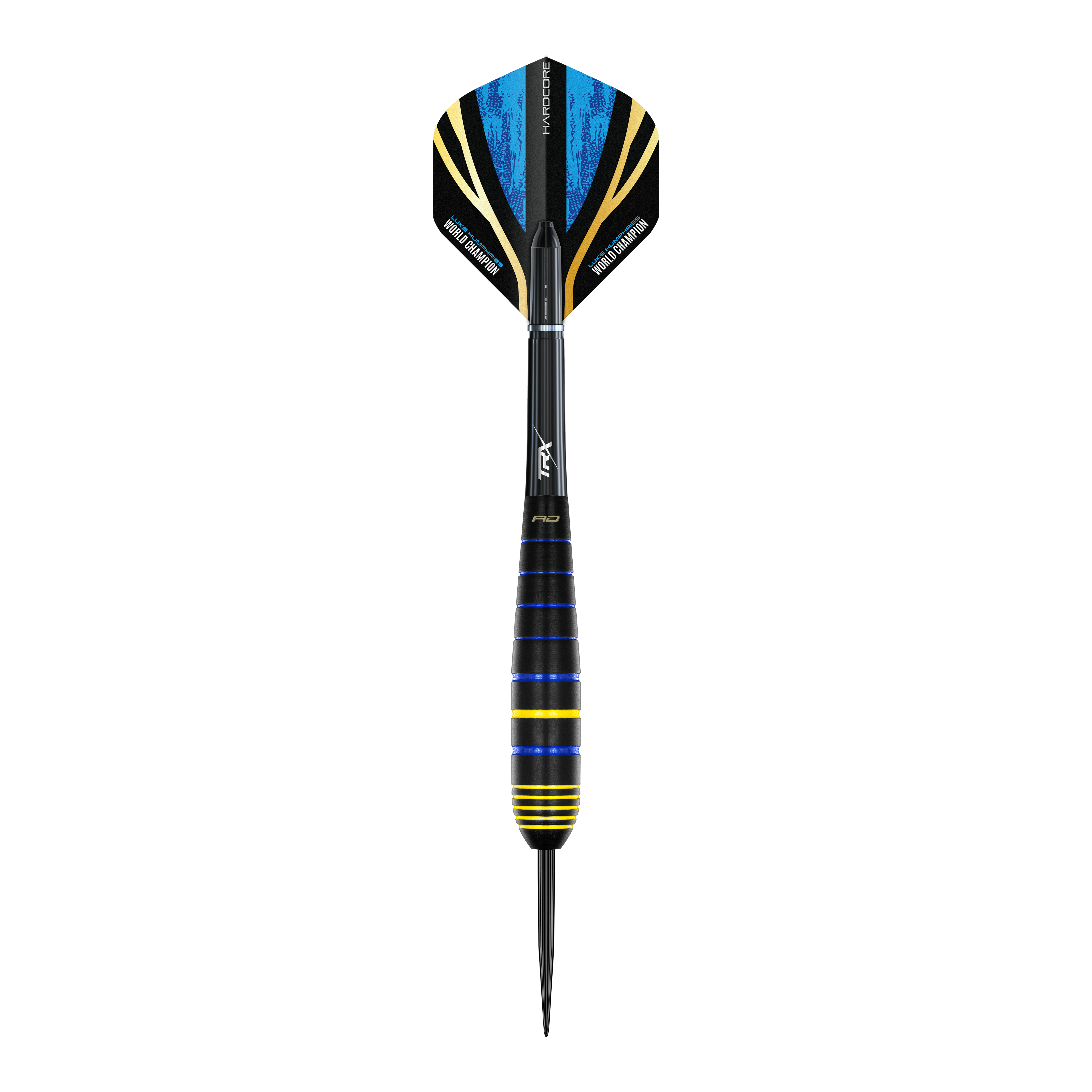 Fléchettes Red Dragon Luke Humphries, champion du monde en laiton et acier Das Bild zeigt einen Red Dragon Luke Humphries World Champion Brass Steeldart. Der Dart hat blaue, gelbe und schwarze Farbakzente und eine spitze Metallspitze.