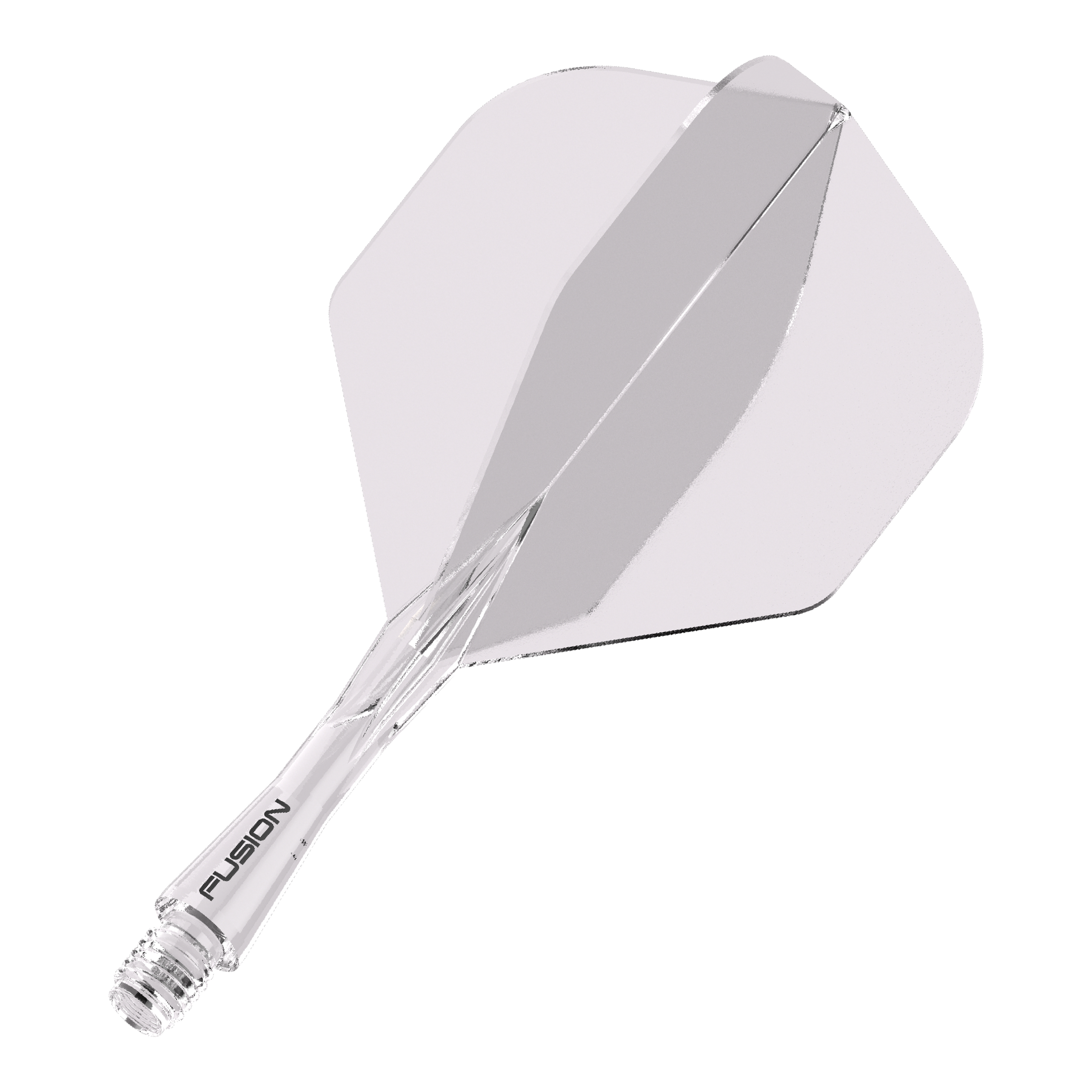 Système d'arbre de vol Winmau Fusion Standard Clear Das Bild zeigt ein durchsichtiges Dartflight- und Shafts-System. Auf dem Schaft steht das Wort "FUSION".