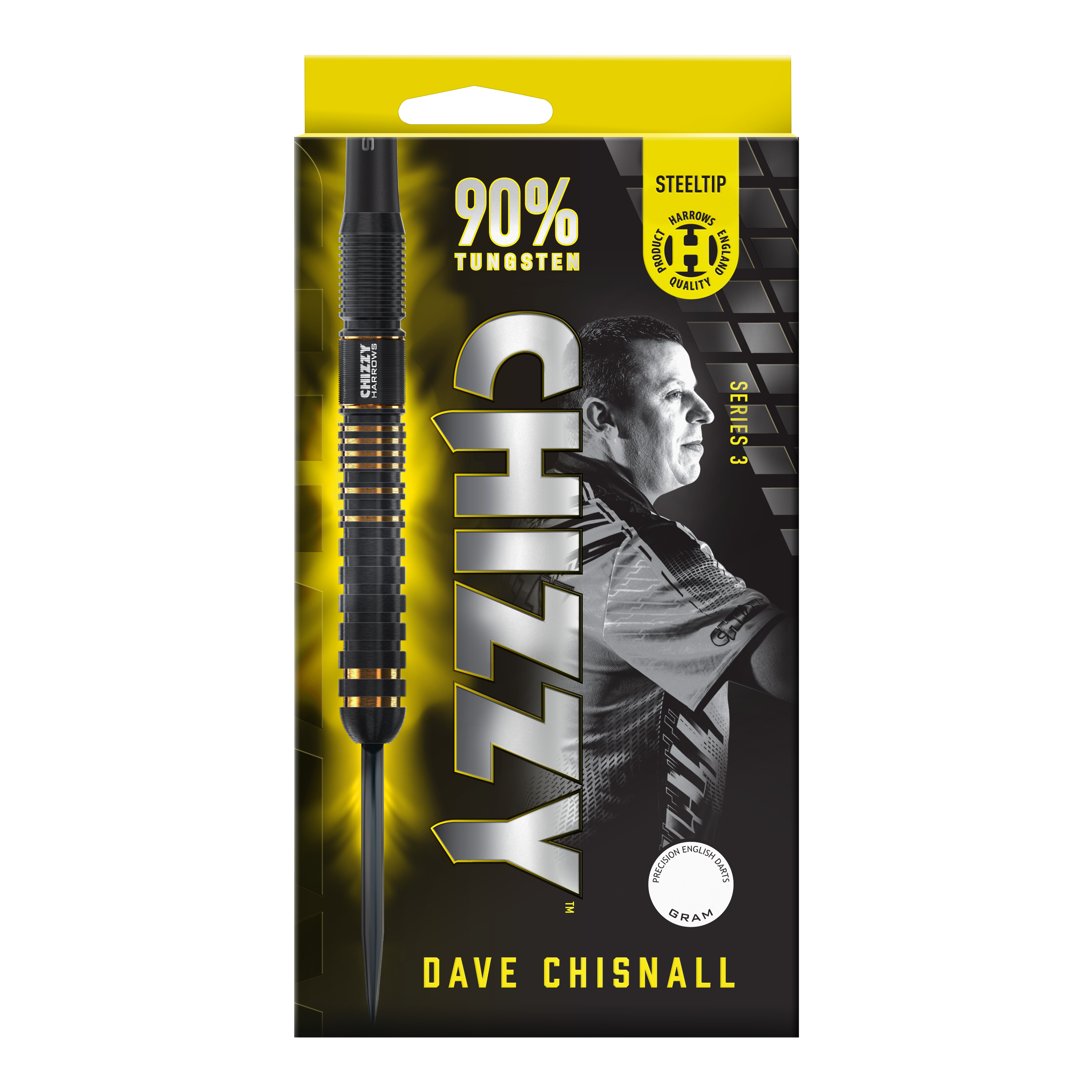 Fléchettes en acier Dave Chisnall Chizzy Series 3 de Harrow Das Bild zeigt eine Verpackung der "Harrows Dave Chisnall Chizzy Series 3 Steeldarts". Auf der Verpackung steht, dass die Darts aus 90% Tungsten bestehen und für professionelle Qualität stehen.