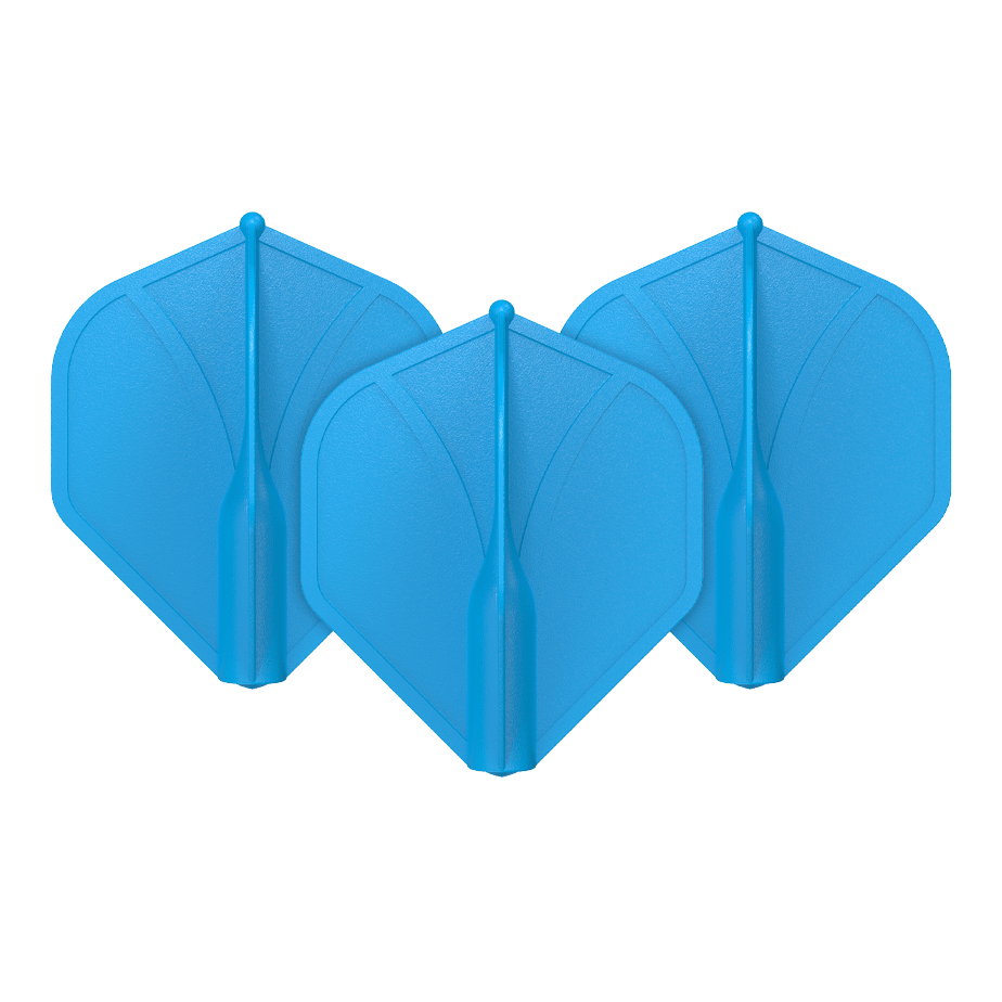 Profil aérodynamique moulé n°2 Vols standard Auf dem Bild sind drei blaue Dart-Flights zu sehen. Sie haben eine geformte, stabile Struktur und sind nebeneinander angeordnet.