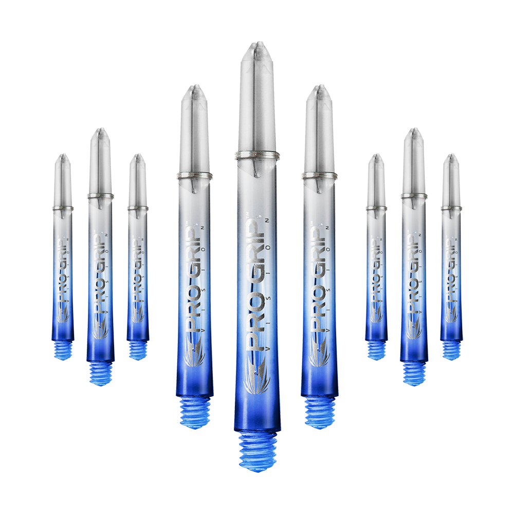 Tiges Target Pro Grip Vision - 3 jeux - Bleues Das Bild zeigt neun transparente Dartschäfte mit blauem unteren Ende. Auf den Schäften steht "Pro Grip" geschrieben.