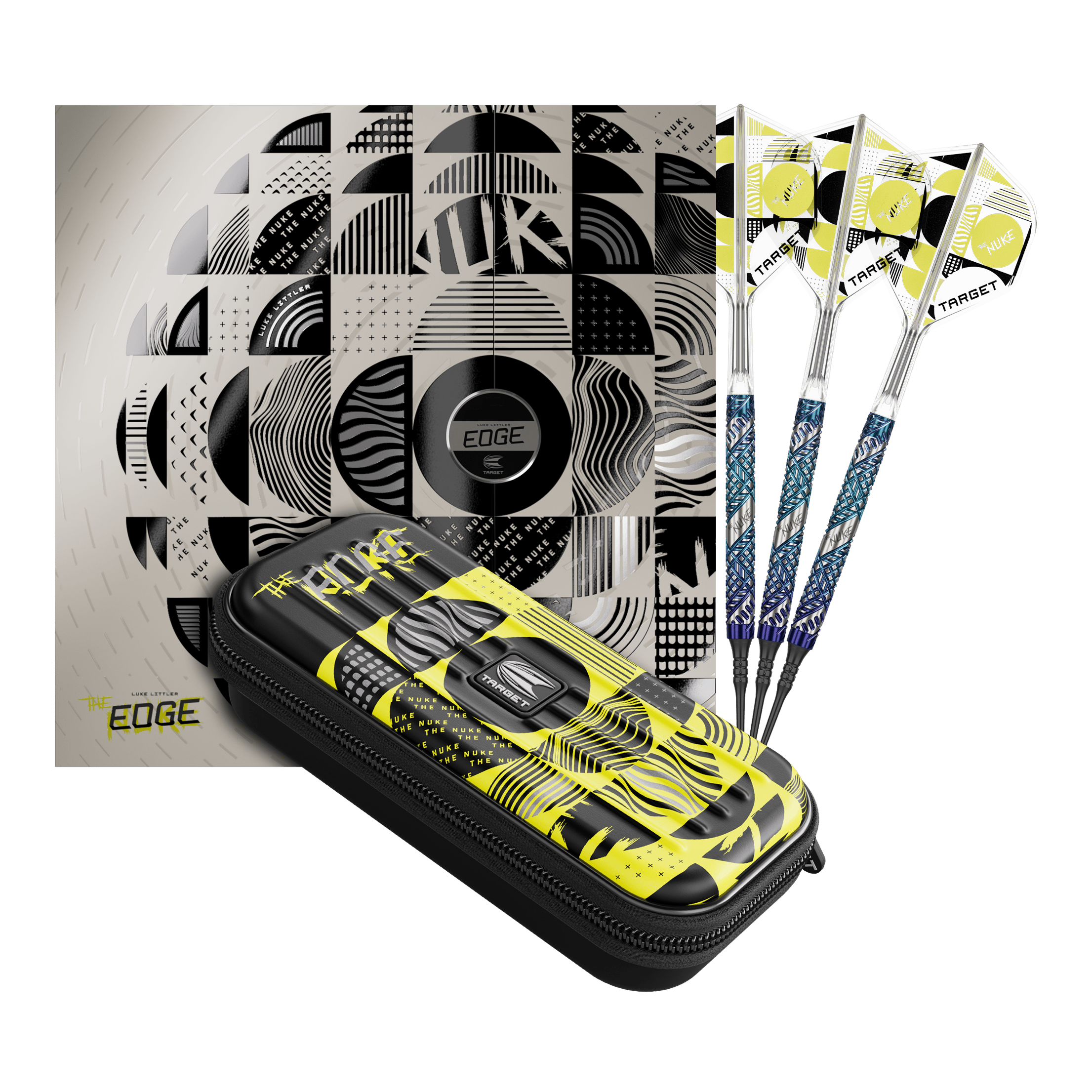 Fléchettes Target Luke Littler Edge Soft - 19 g Auf dem Bild befindet sich das Set der Target Luke Littler Edge Softdarts - 19g. Die Darts sind komplett und gut sichtbar angeordnet.