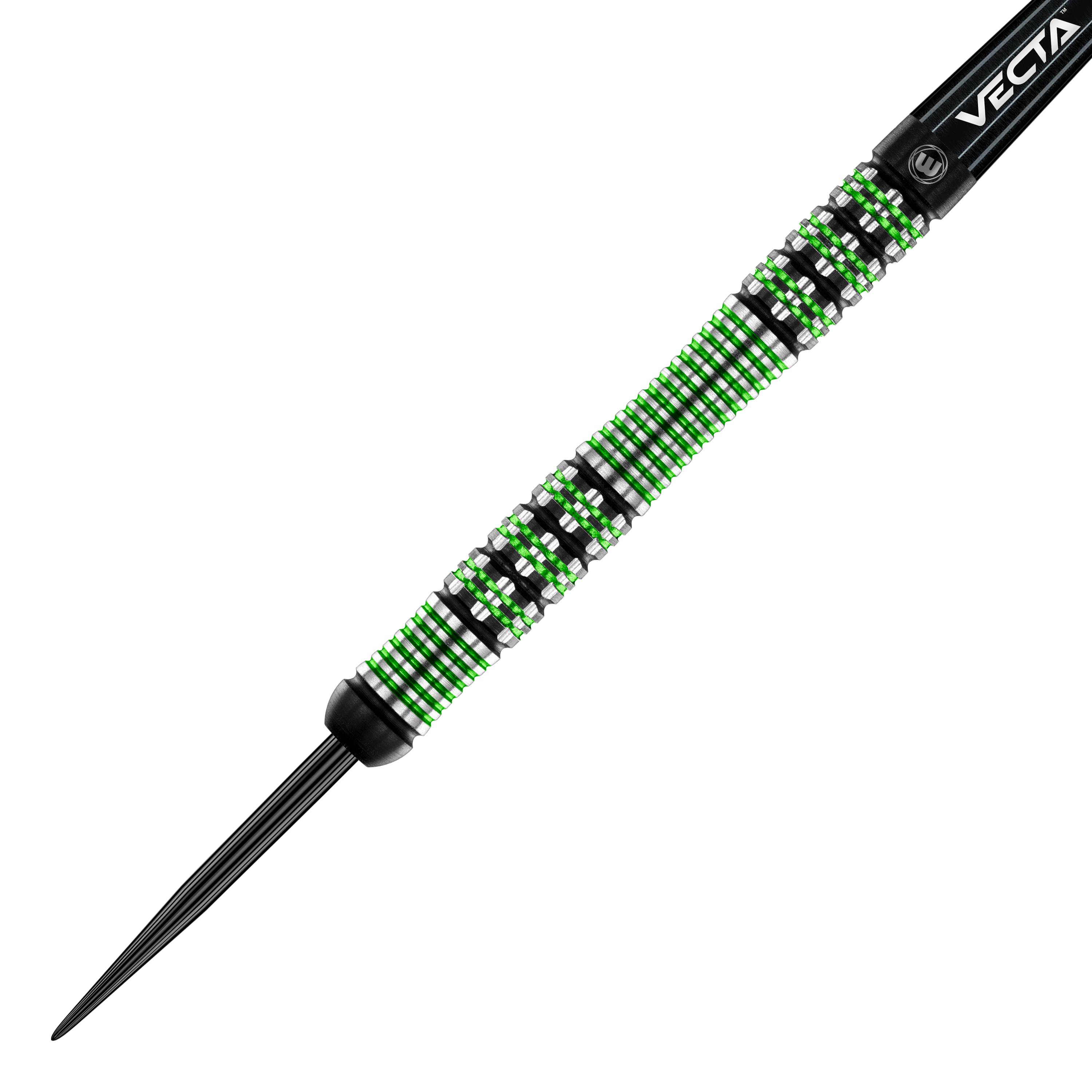Fléchettes en acier Winmau Brendan Dolan Das Bild zeigt einen Winmau Brendan Dolan Steeldart. Der Dartpfeil hat ein auffälliges Design mit grünen und silbernen Ringen am Barrel.