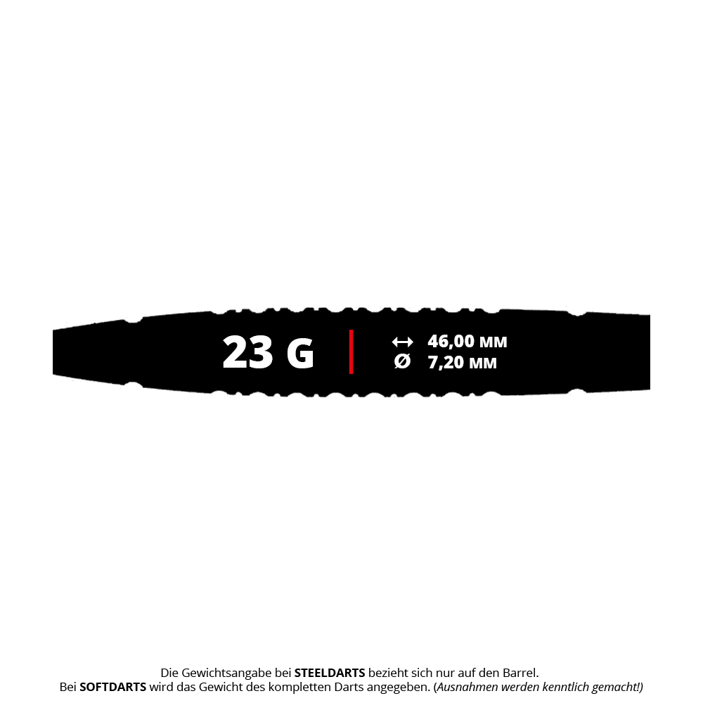 Fléchettes en acier Caliburn Sword S3 - 23 g Das Bild zeigt die Produkteigenschaften der Caliburn Sword S3 Steeldarts mit einem Gewicht von 23 Gramm. Die Länge beträgt 46,00 mm und der Durchmesser 7,20 mm.