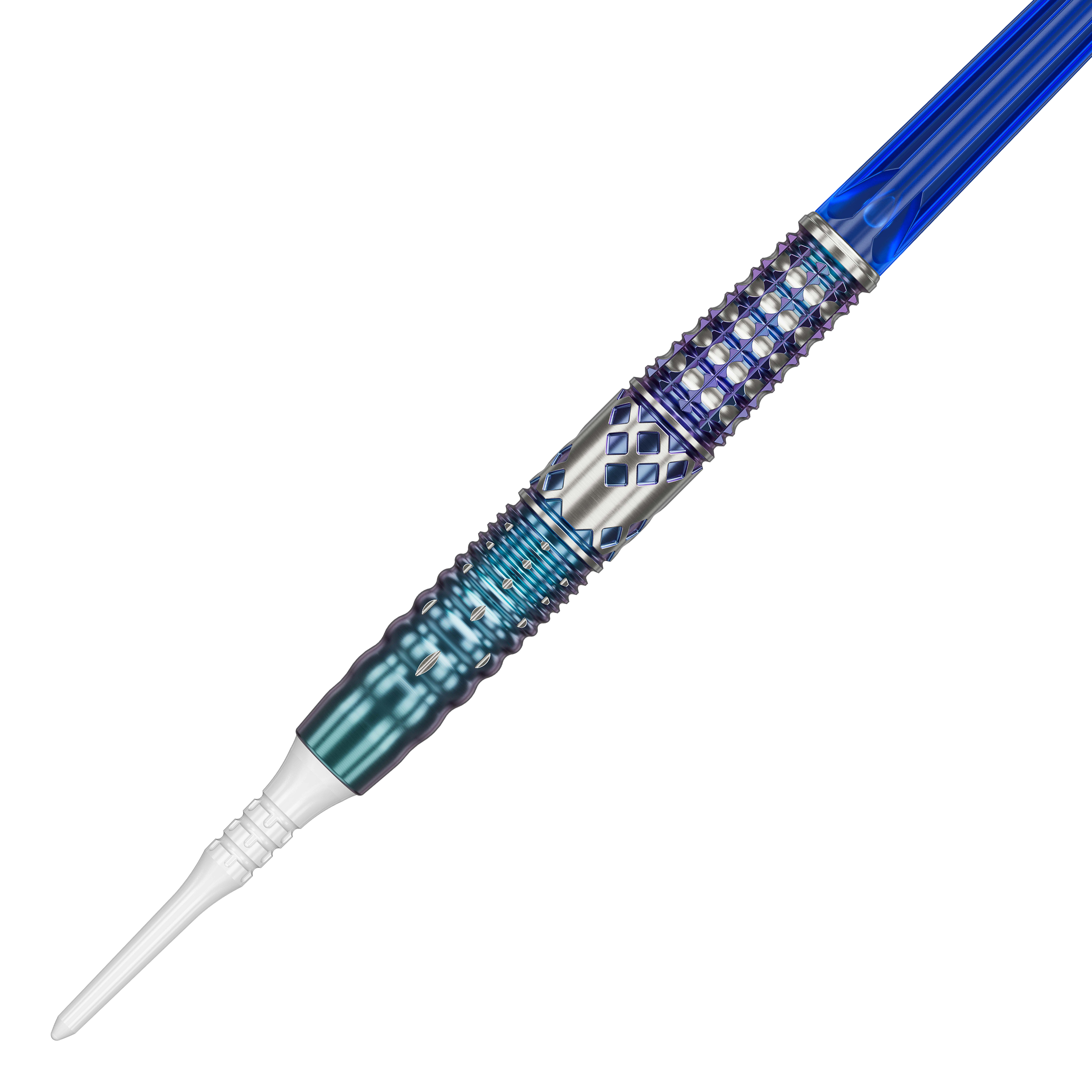Fléchettes souples Target Japan Cathy Leung Charis GEN5 - 19 g Dies ist ein Softdart namens "Target Japan Cathy Leung Charis GEN5 Softdarts - 19g". Er hat ein auffälliges Design mit blauen und silbernen Akzenten sowie strukturierter Oberfläche.