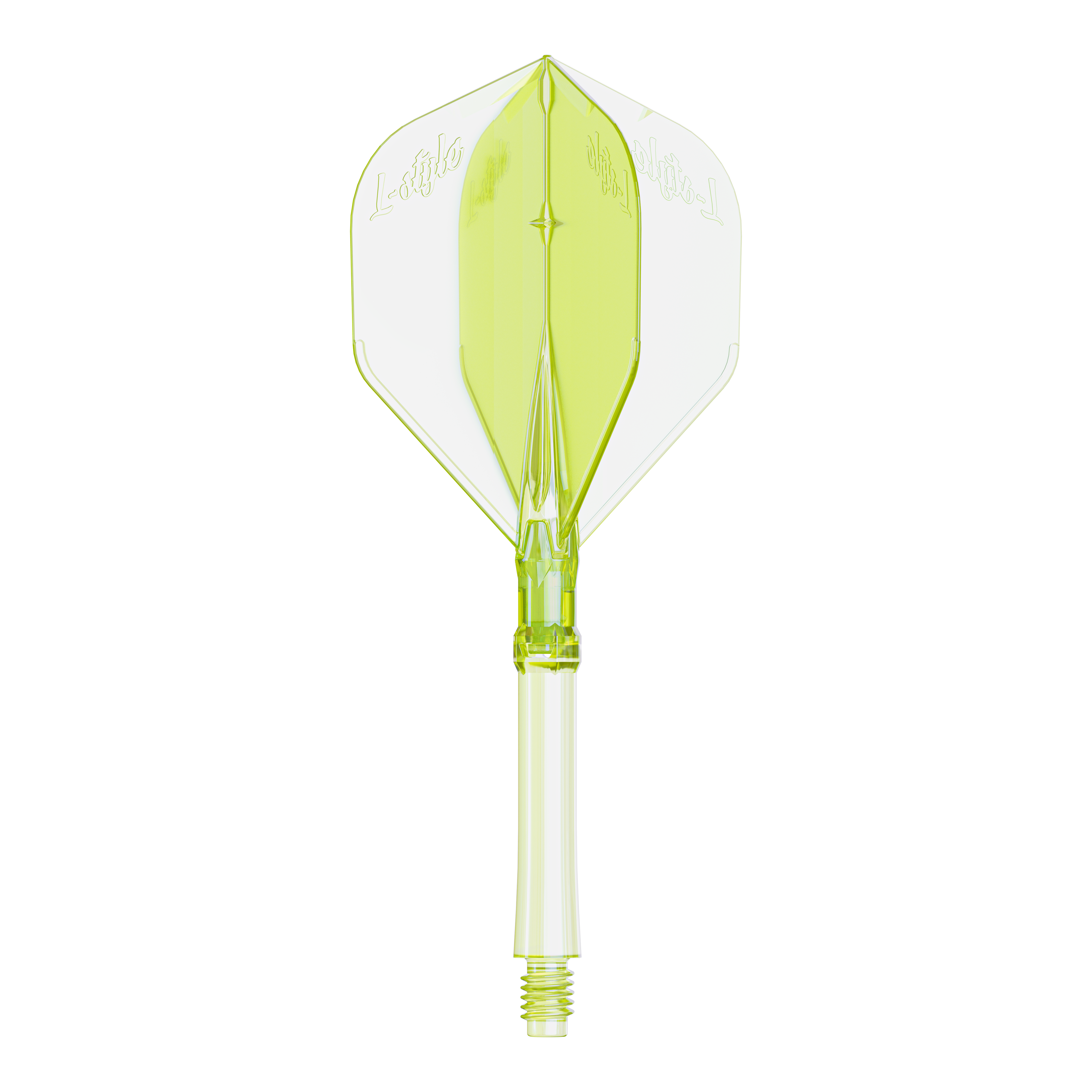 Abgebildet ist ein Dartflight in Neon-Gelb, große Größe, für das L-Style L-System. Das Produkt ist speziell für Dartspieler entwickelt.