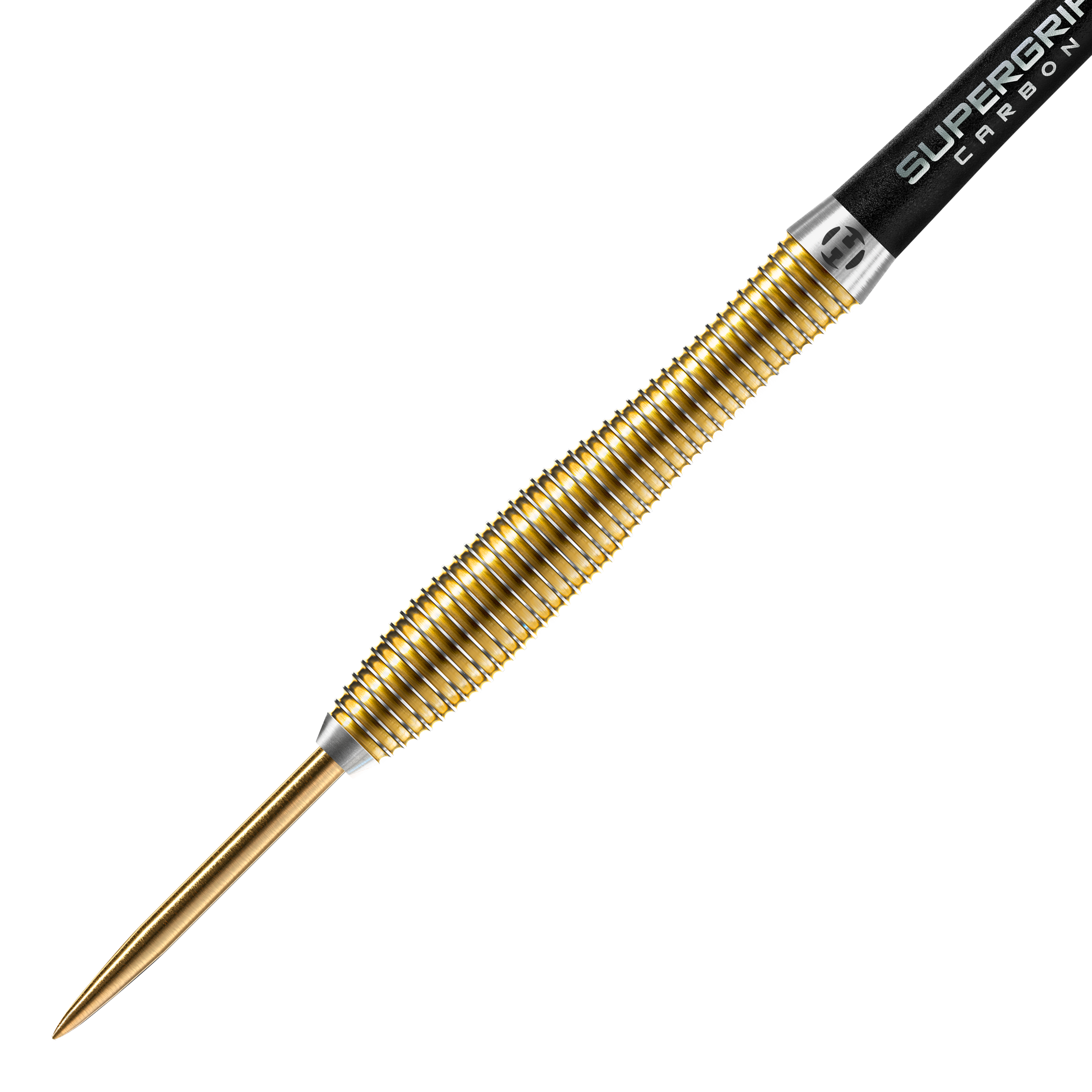 Fléchettes en acier V-Wing édition anniversaire Harrows Dies ist ein goldfarbener Steeldart mit gerilltem Griff. Am hinteren Ende steht "SUPERGRIP CARBON" auf dem Schaft.