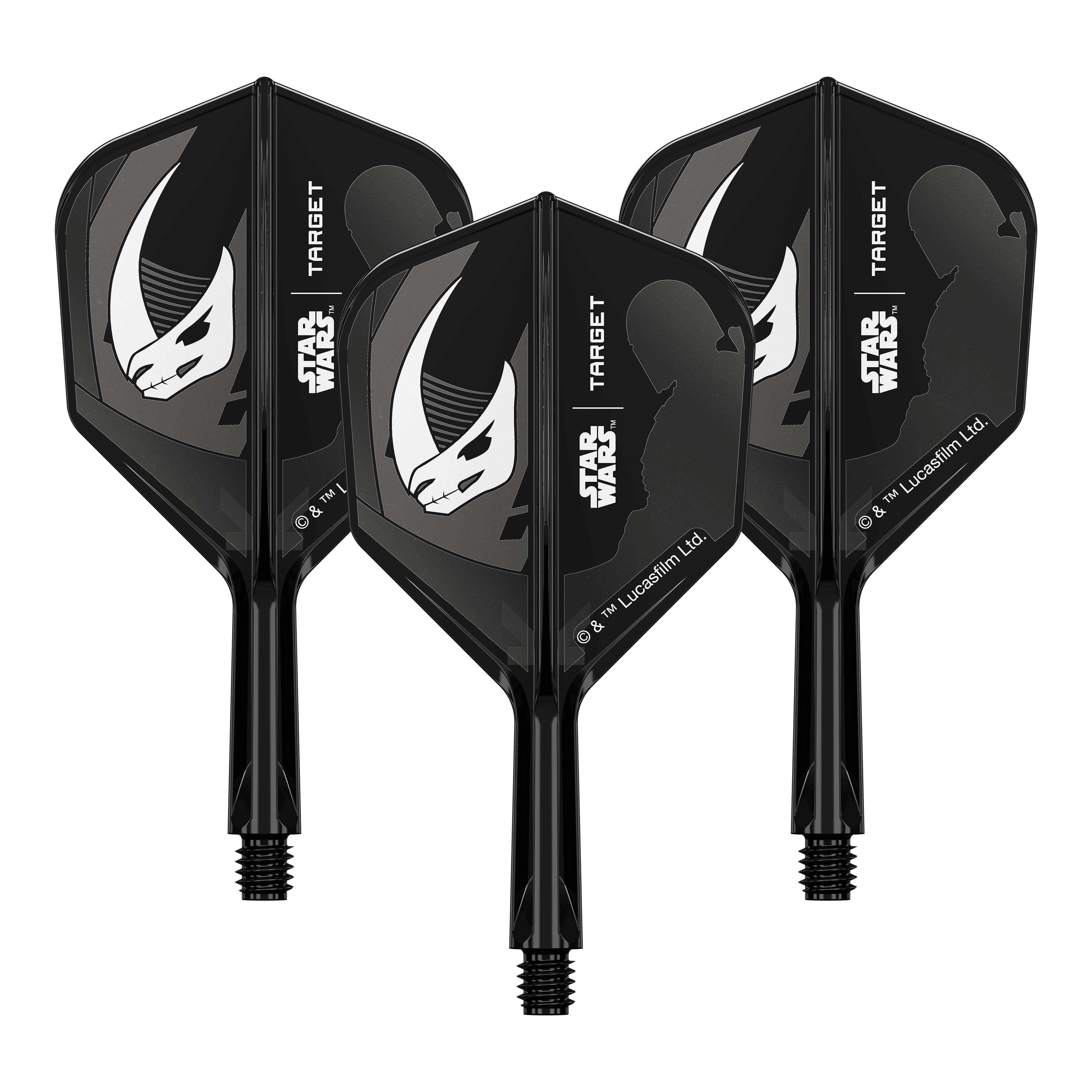 Coffret Target Star Wars K-Flex Mandalorian No6 Flights Auf dem Produkt ist eine Mandalorianer-Rüstung aus Star Wars abgebildet. Es handelt sich um einen weiteren No6 Flights 19 mm Dart-Flügel.