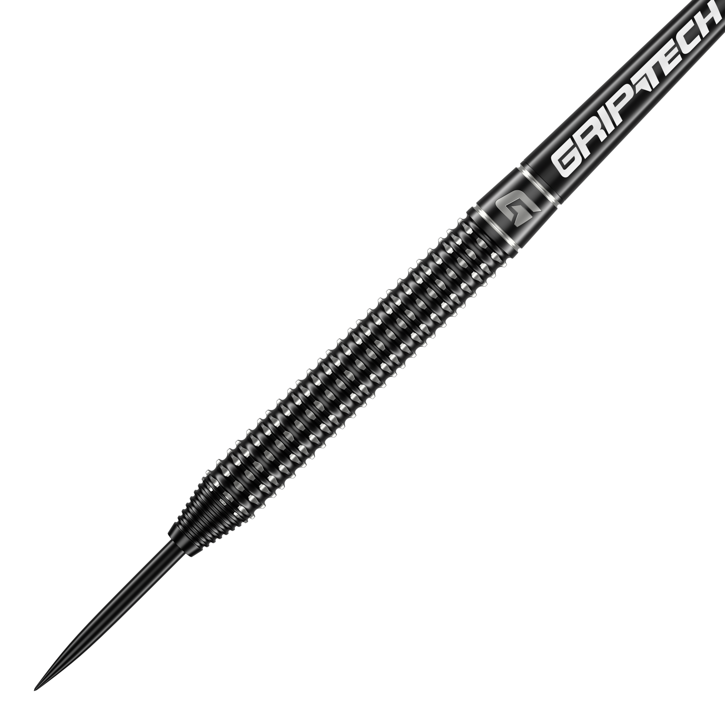 Fléchettes GOAT Sprocket en acier tungstène Das Bild zeigt einen GOAT Sprocket Tungsten Steeldart mit einem schwarzen, strukturierten Griff. Auf dem Schaft steht in weißer Schrift das Wort "GRIPTECH".