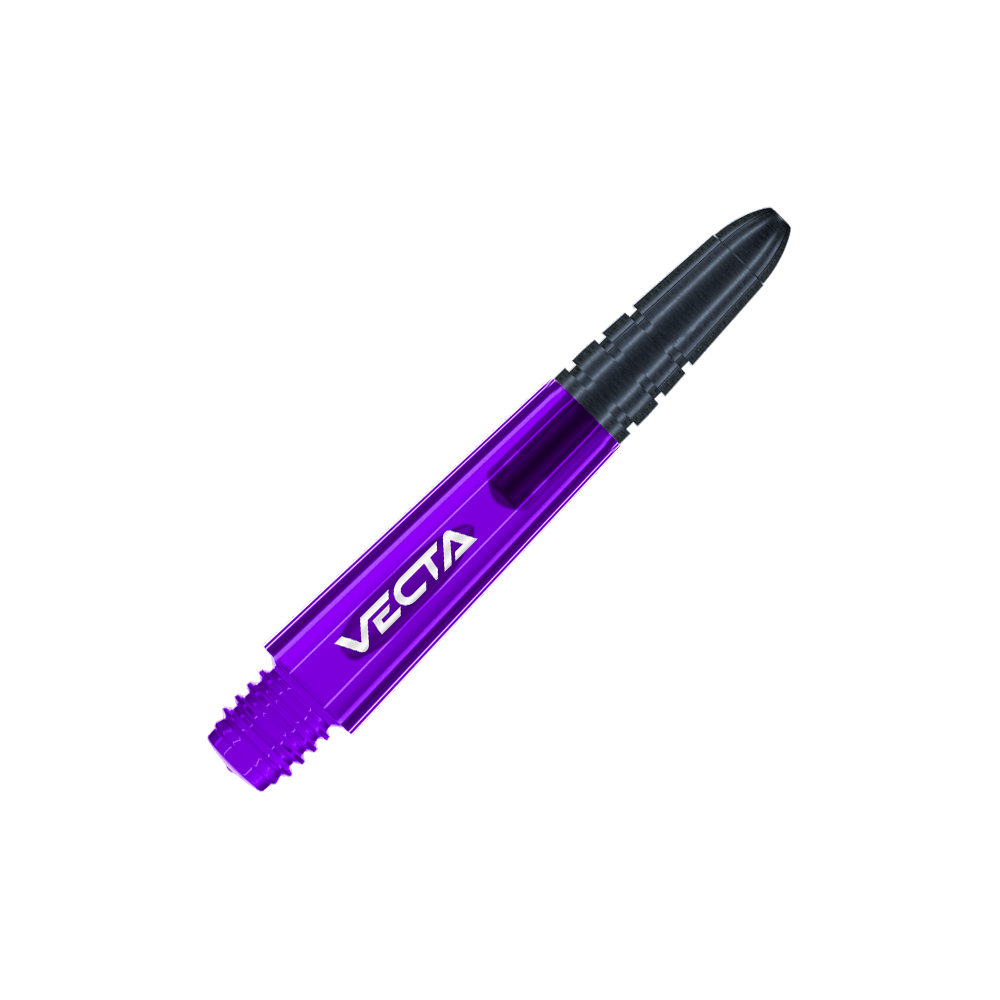 Tiges Winmau Vecta - Violet Noir Dies ist ein lila und schwarzer Dart-Shaft mit der Aufschrift "VECTA". Der Shaft hat ein modernes, sportliches Design und misst 34 mm.