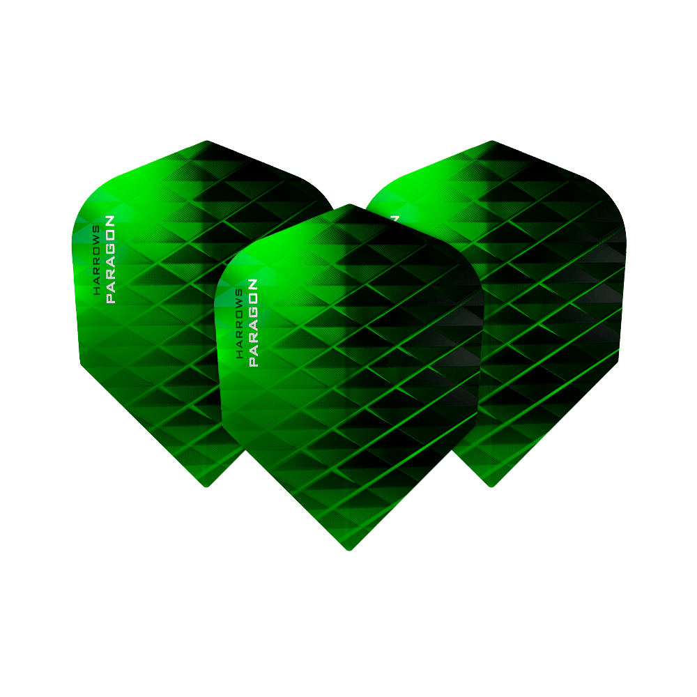 HR7600_Harrows_Paragon_Green_No2_Standard_Flights_2 Auf dem Bild sind drei grüne Dart-Flights mit dem Namen „Harrows Paragon“ zu sehen. Die Flights haben ein modernes, geometrisches Muster und die Standardform No2.