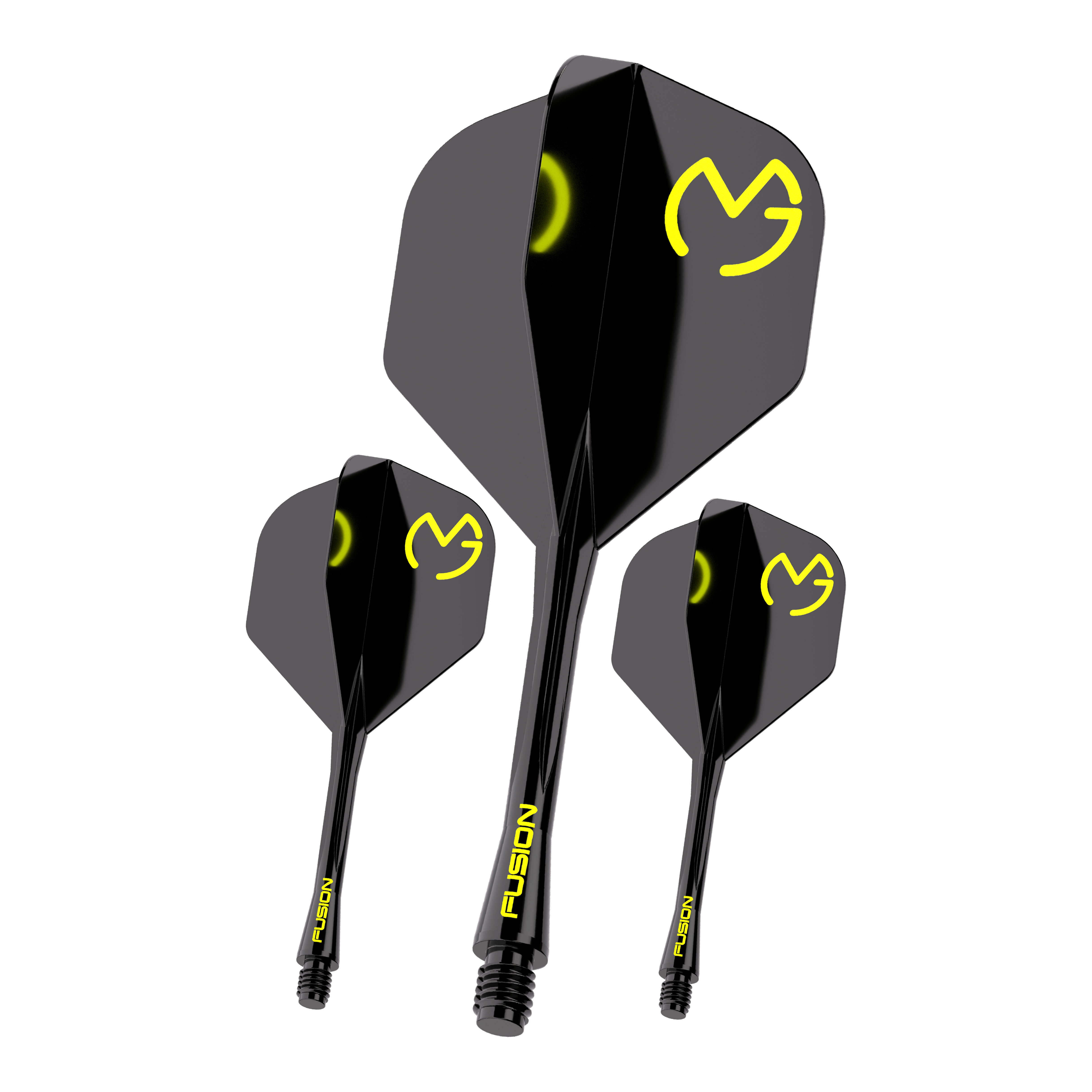 Système d'arbre de vol Winmau Fusion Michael Van Gerwen Pacman No2 Standard Das Bild zeigt drei schwarze Dartflights mit gelbem "MVG"-Logo und der Aufschrift "FUSION" auf den Schäften. Es handelt sich um das Produkt "Winmau Fusion Flight-Shaft-System Michael Van Gerwen Pacman No2 Standard".