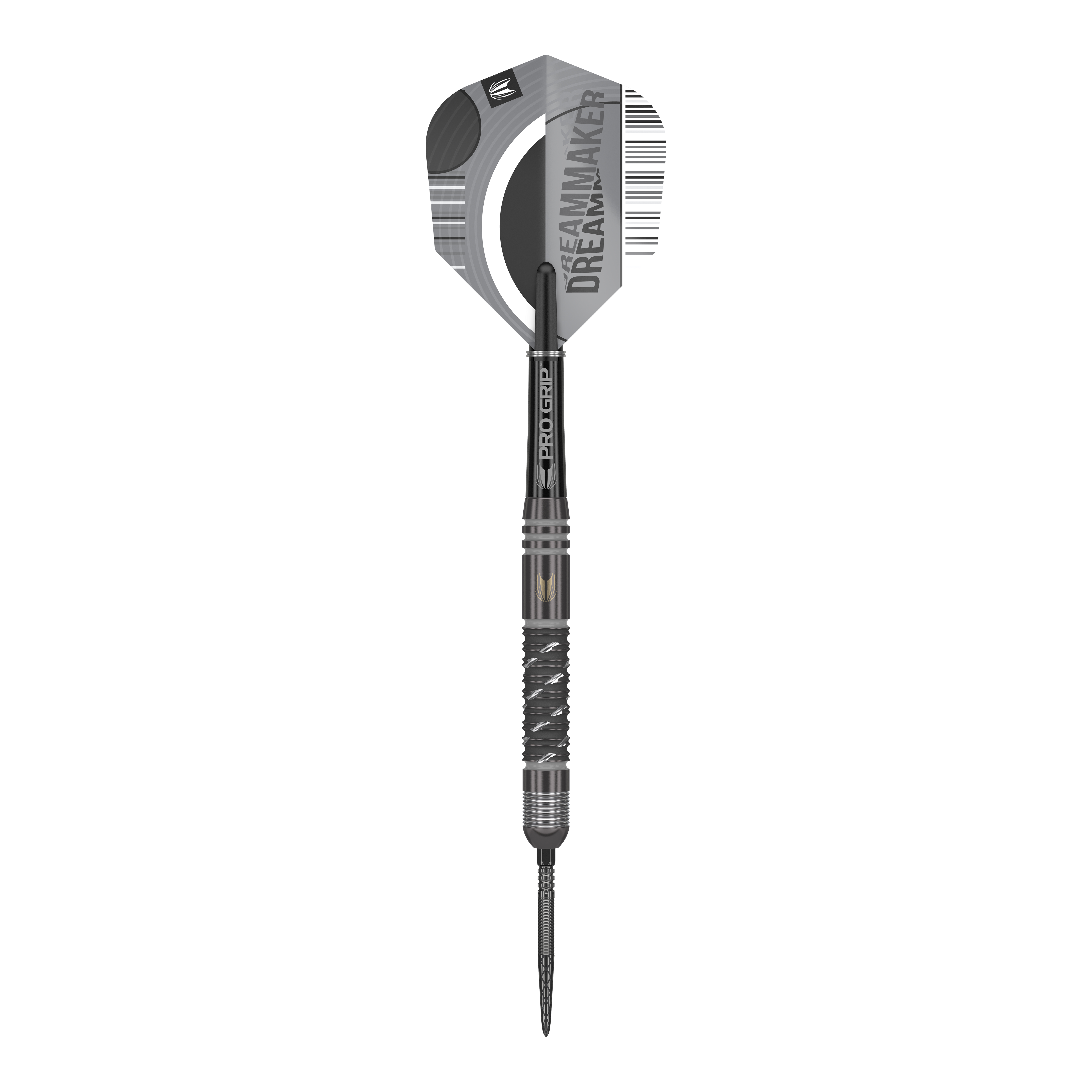 Fléchettes en acier Target Dimitri Van Den Bergh X Echo Swiss Point Das Bild zeigt den Target Dimitri Van Den Bergh X Echo Swiss Point Steeldart. Der Dartpfeil ist größtenteils schwarz und silber und hat die Aufschrift "DREAMMAKER" auf dem Flight.