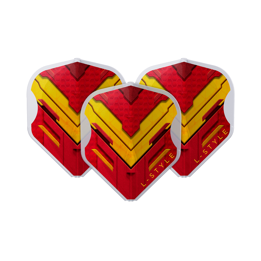 Vols L-Style V-Series V1 Type A Espagne Blanc Transparent L1EZ Das Bild zeigt drei Dart-Flights der Marke L-Style in den Farben Rot, Gelb und Weiß. Auf den Flights ist ein auffälliges, geometrisches Muster mit dem Schriftzug "L-STYLE" zu sehen.