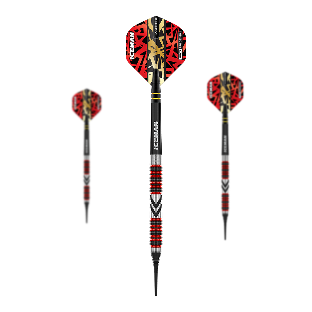 Red Dragon Gerwyn Price Fléchettes souples Firebird - 20 g Das Bild zeigt drei Softdarts des Modells "Red Dragon Gerwyn Price Firebird - 20g". Die Darts haben rote Flights mit schwarzem und goldfarbenem Muster sowie silberne und rote Ringe am Barrel.