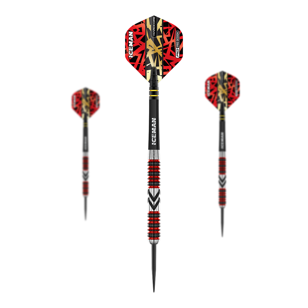 Fléchettes en acier Red Dragon Gerwyn Price Firebird Das Bild zeigt drei Steeldarts mit auffälligen roten und schwarzen Flights. Die Schäfte sind silbern mit roten und schwarzen Rillen sowie der Aufschrift "ICEMAN".