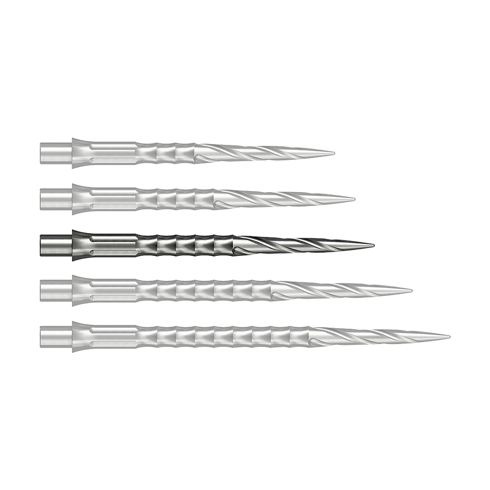 Pointes de fléchettes en acier Caliburn System - Spiro - NoLip - argent Zu sehen ist vermutlich eine Steeldartspitze in Silber, 32 mm lang. Das Produkt ist eine Spiro NoLip Spitze vom Caliburn Evo System.