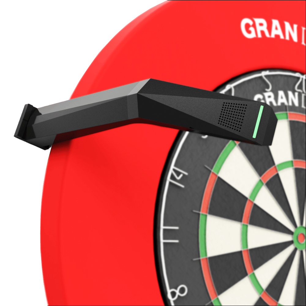 Système de pointage automatique GranDarts Gran Eye GEN2 Steeldart Das Bild zeigt das GranDarts GranEye Steeldart Auto-Scoring-System, das über einem Dartboard installiert ist. Das schwarze Gerät erkennt automatisch die Treffer auf der Dartscheibe und wertet sie aus.