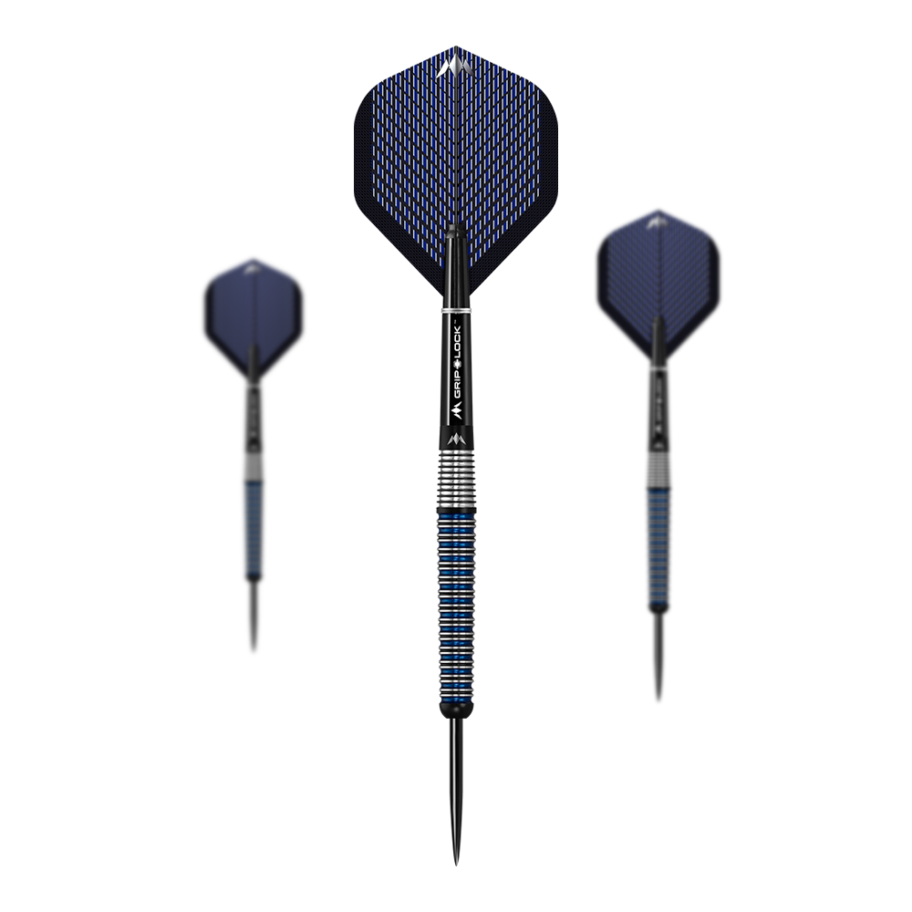 Fléchettes en acier Mission Nightfall Modèle 3 Das Bild zeigt drei Steeldarts des Modells "Mission Nightfall Model 3". Die Darts haben blaue Flights und ein silber-blau gestreiftes Barrel.