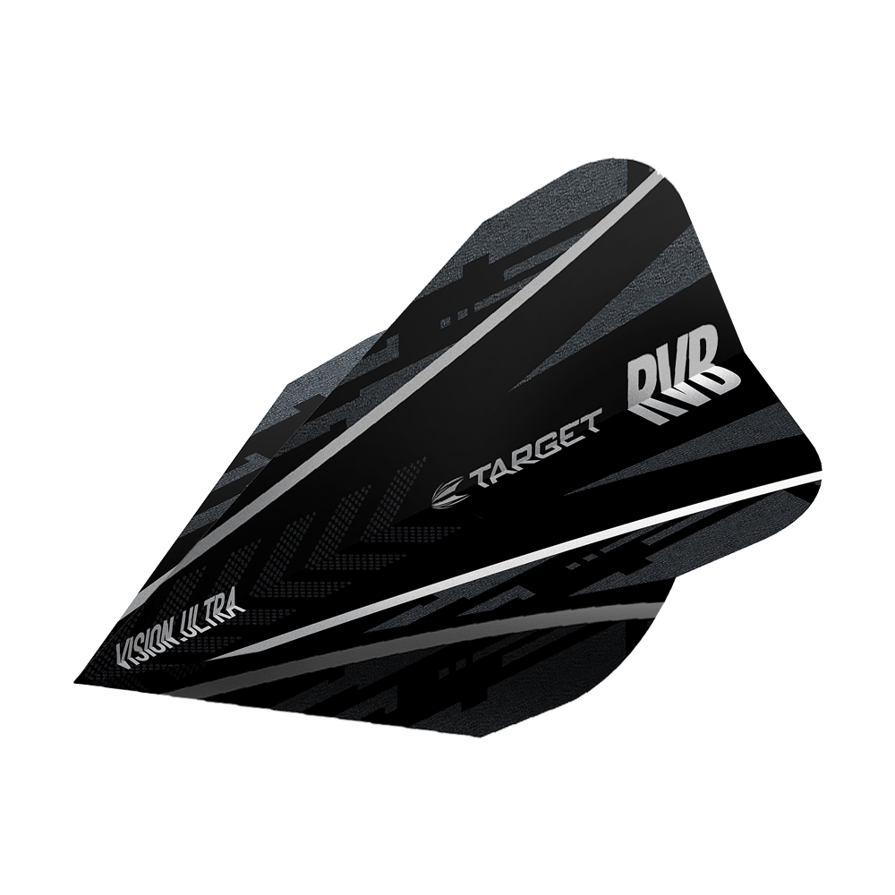 TG58_331780_Target_Ultra_Ghost_RvB_Vapor_Flights_2 Das Bild zeigt ein Target Ultra Ghost RvB Vapor Flight für Darts. Das Flight ist schwarz mit silbernen und grauen Akzenten sowie dem Target- und RvB-Logo.