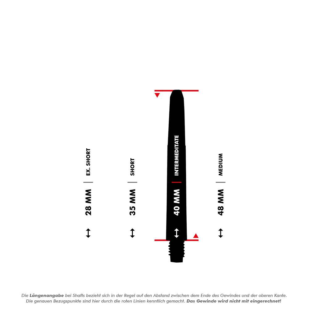 Das Bild zeigt die verschiedenen Längen von Nylon Shafts in Schwarz. Die Längen sind in Ex. Short (28 mm), Short (35 mm), Intermediate (40 mm) und Medium (48 mm) unterteilt.