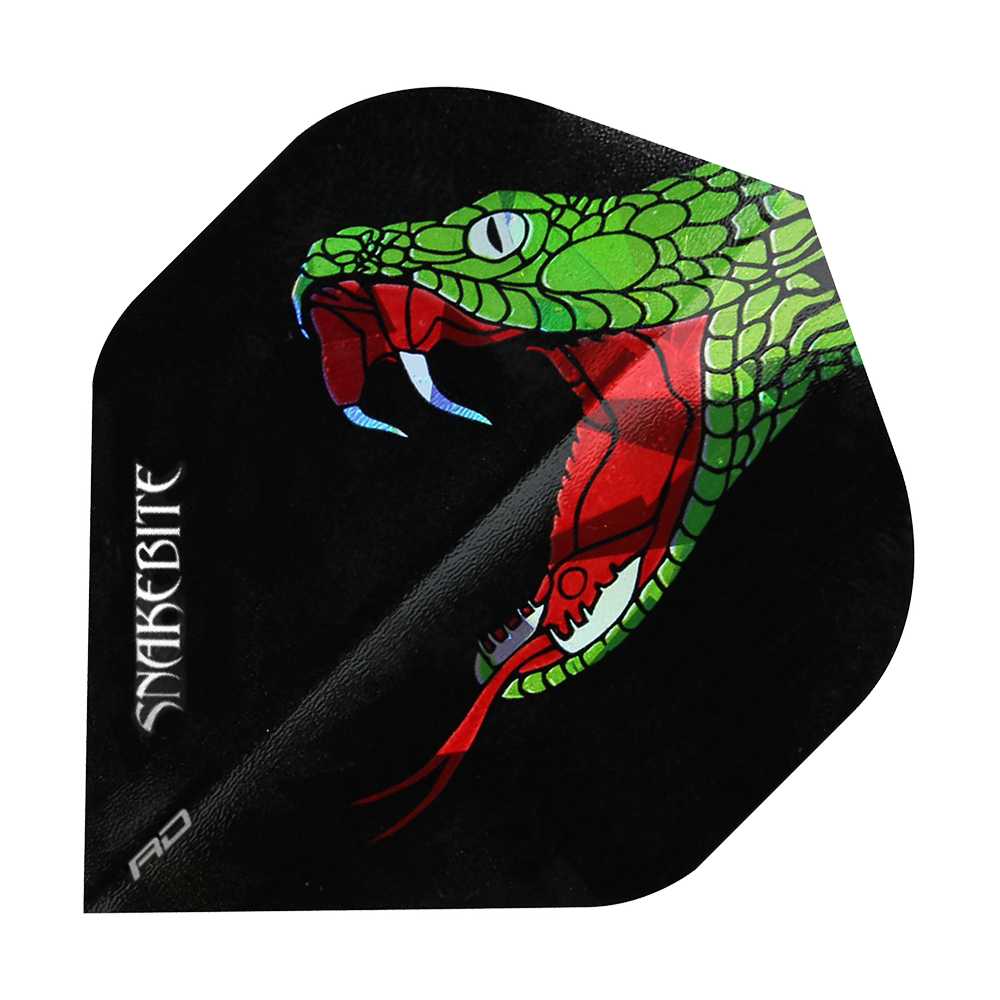 3xg38I3tOT2xav Das Bild zeigt ein Dart-Flight mit einem auffälligen Schlangenkopf-Design auf schwarzem Hintergrund. Links steht der Schriftzug "Snakebite" in weißer Farbe.