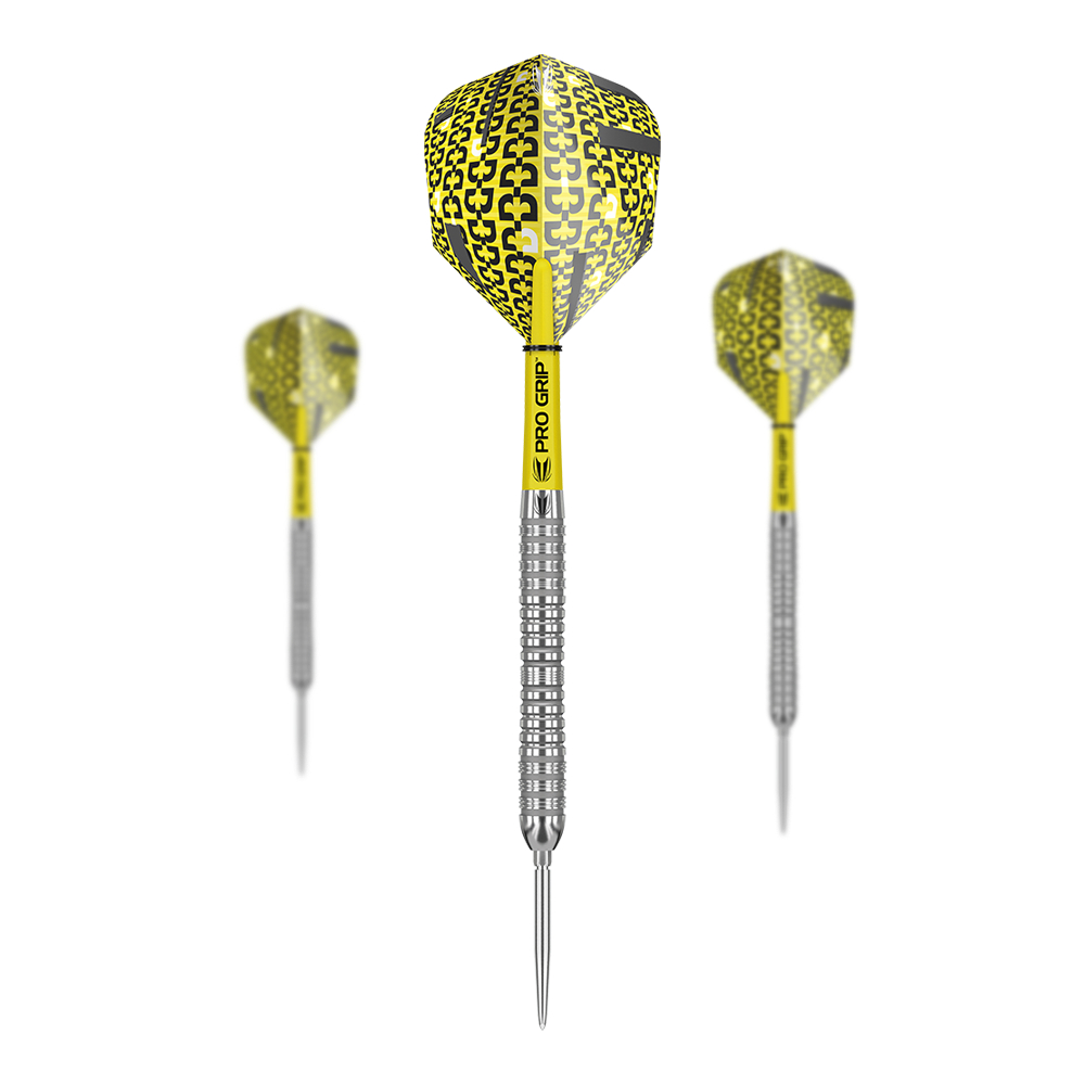 Target Bolide 04 fléchettes en acier Swiss Point Das Bild zeigt drei Steeldarts des Modells "Target Bolide 04 Swiss Point" mit gelb-schwarzen Flights. Die Darts haben einen silbernen, geriffelten Schaft und gelbe "Pro Grip" Stiele.