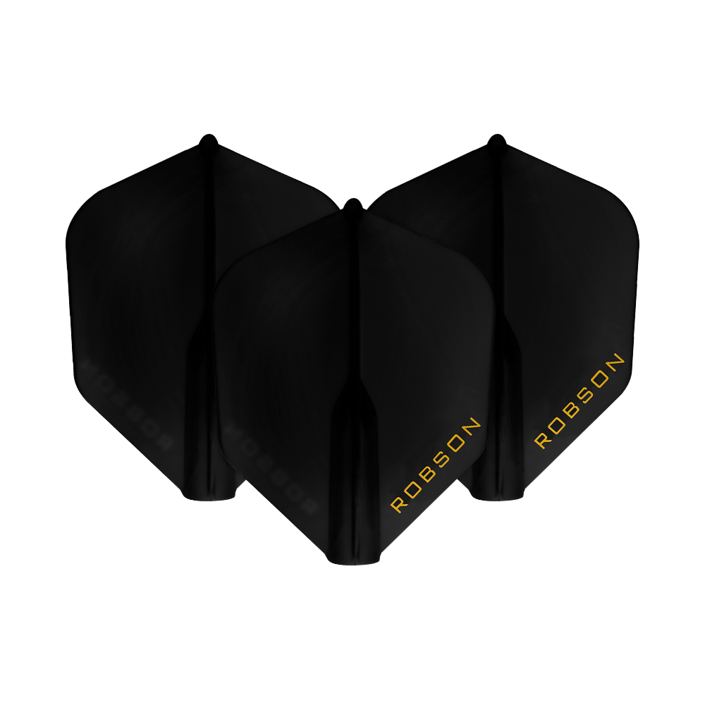 Vols Robson Plus - NO6 Das Bild zeigt drei schwarze Dart-Flights mit der Aufschrift "ROBSON" in gelber Schrift. Sie sind nebeneinander angeordnet und heben sich vor einem weißen Hintergrund ab.