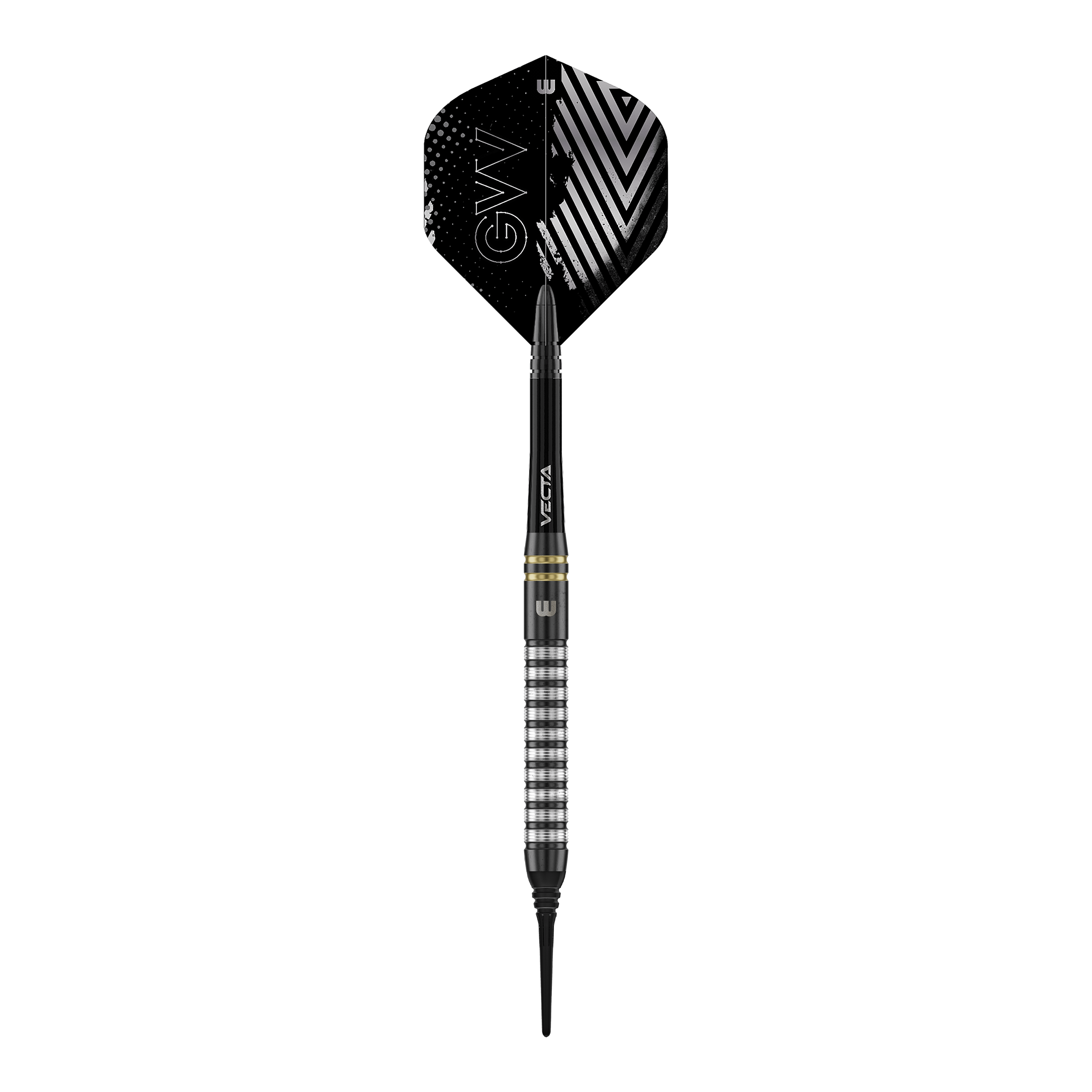 Fléchettes souples Winmau Gian Van Veen TS - 18g Winmau Gian Van Veen TS Softdarts mit 18g werden aus der Nähe gezeigt. Ein einzelner Dartpfeil liegt im Fokus des Bildes.