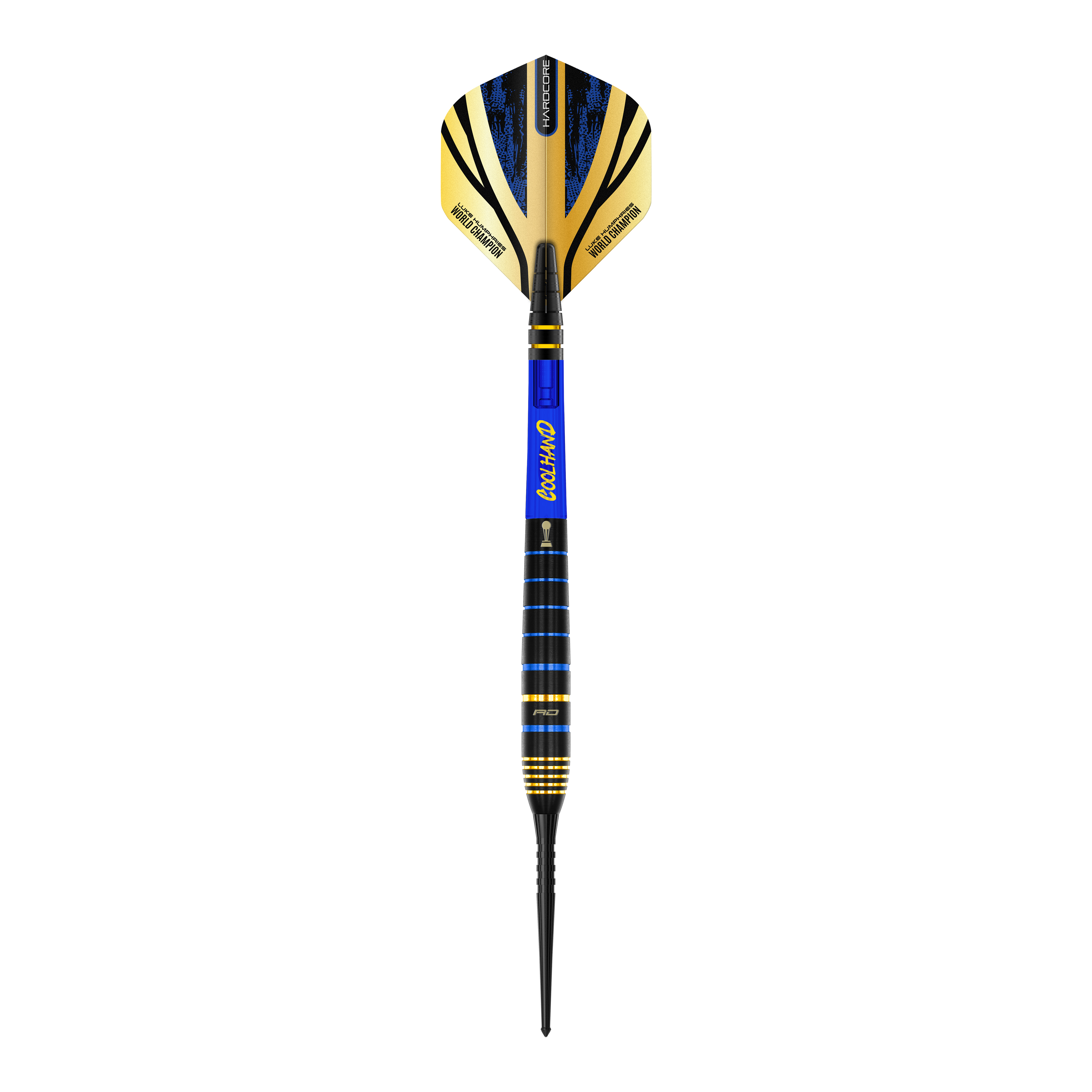 Fléchettes en acier Red Dragon Luke Humphries TX4 Avenger Das Bild zeigt einen Red Dragon Luke Humphries TX4 Avenger Steeldart. Der Dart hat schwarze, blaue und goldene Farbakzente sowie einen auffälligen Flight.